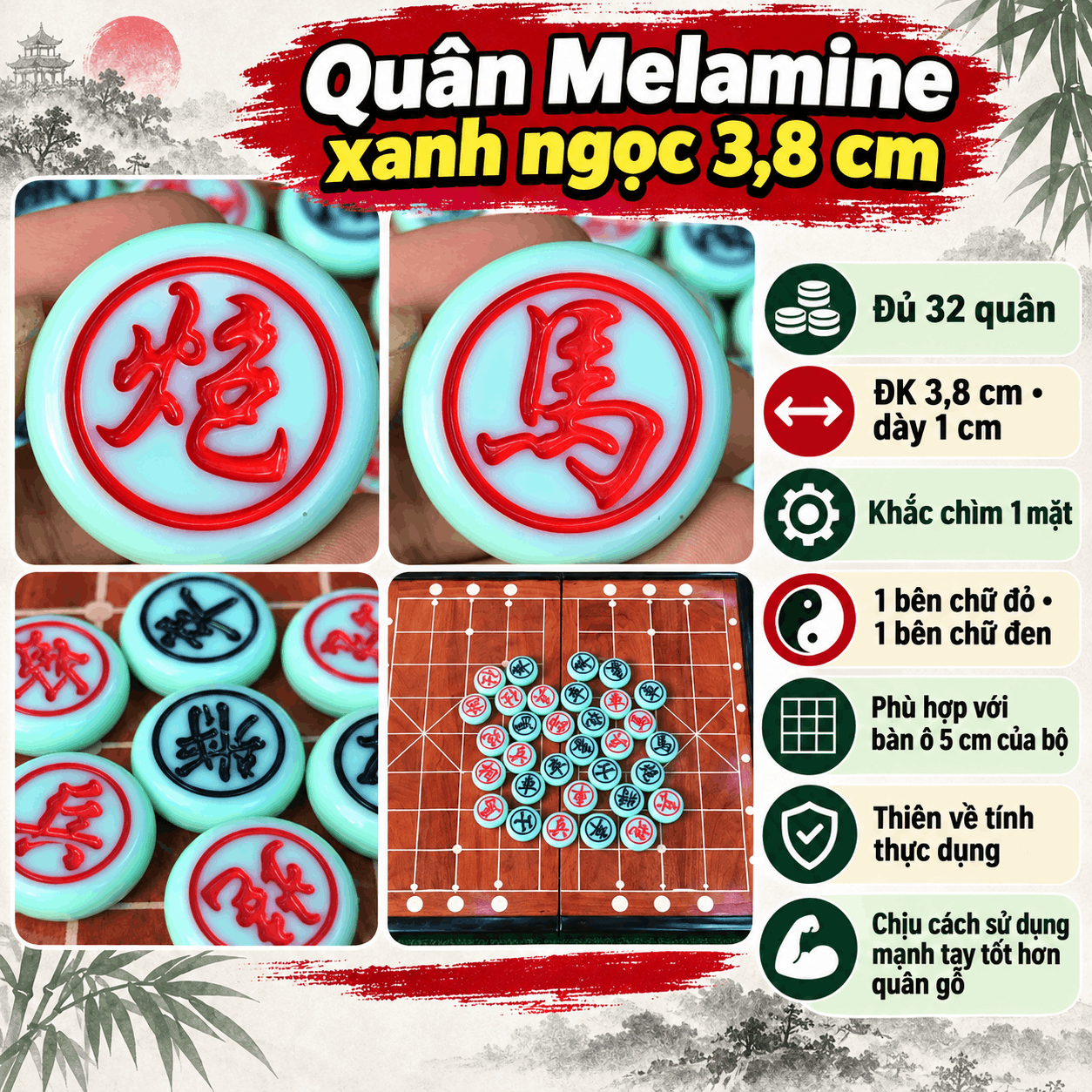 Bộ Cờ Tướng Bàn Hương Gấp – Quân Melamine Xanh Ngọc 3,8 cm