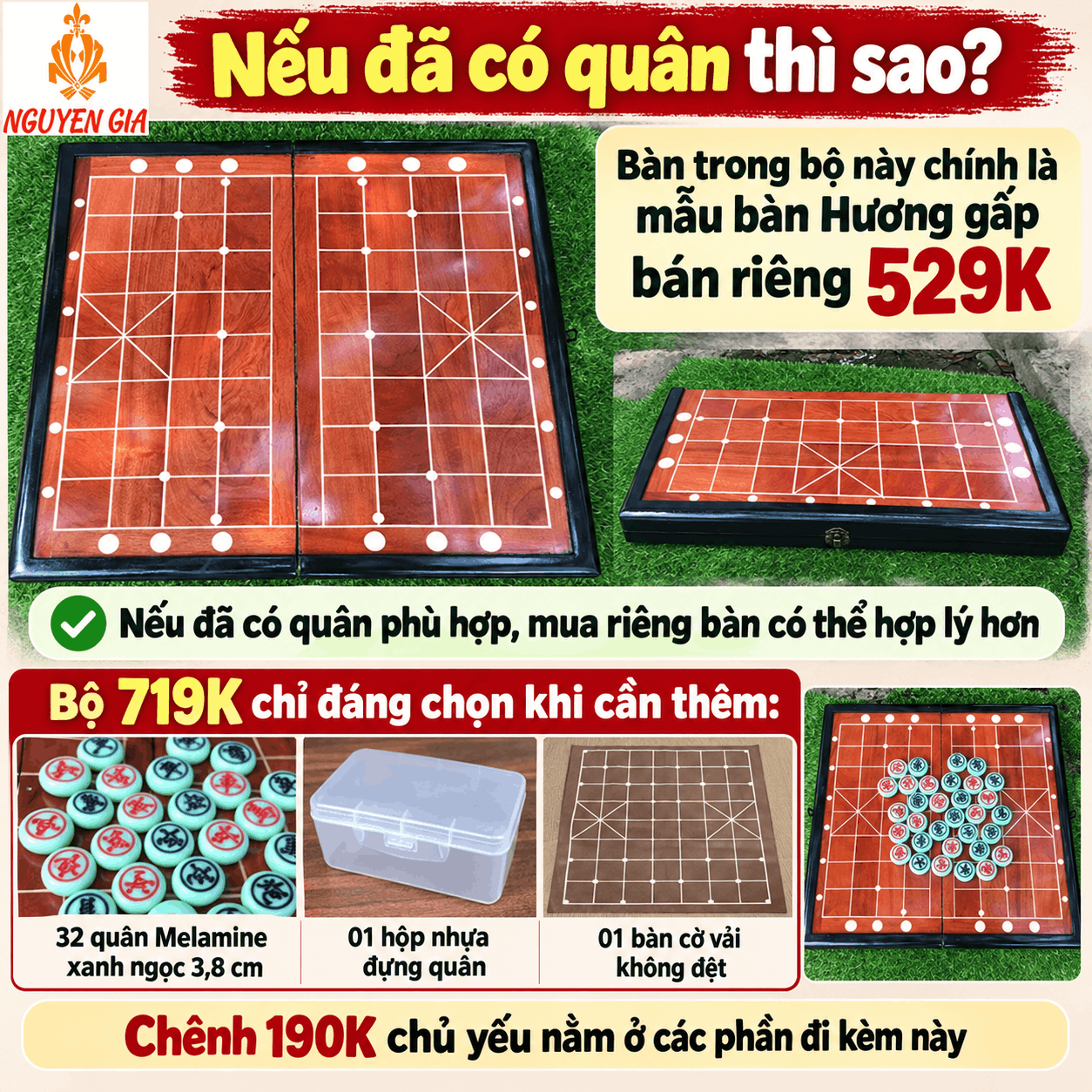 Bộ Cờ Tướng Bàn Hương Gấp – Quân Melamine Xanh Ngọc 3,8 cm