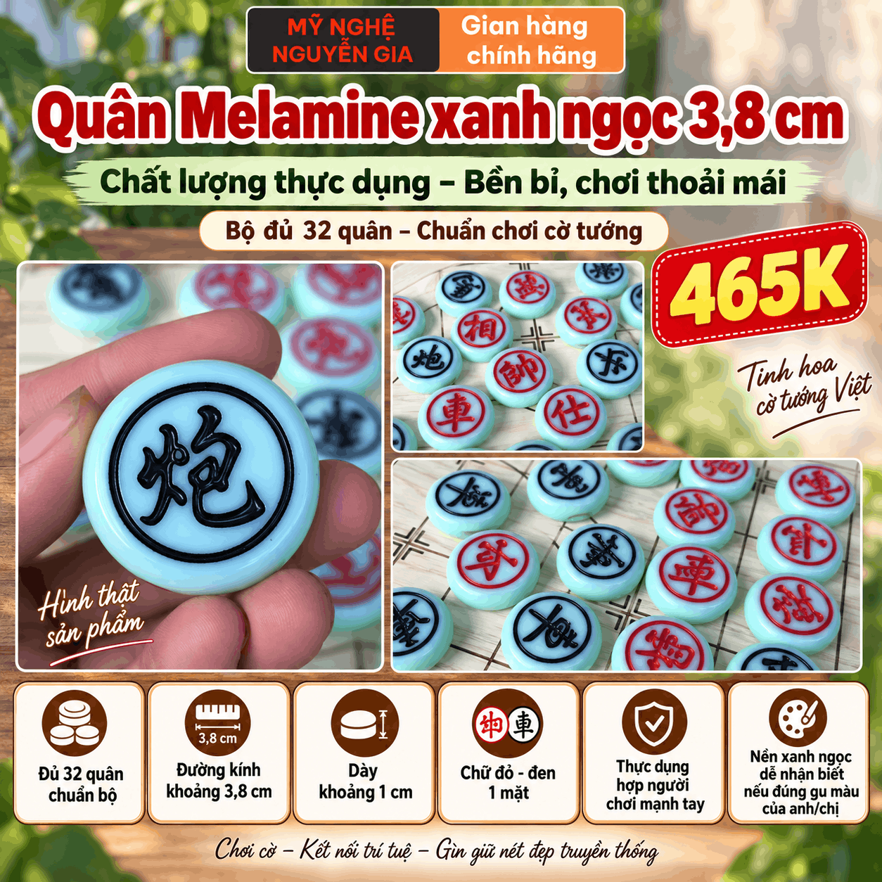 Bộ Cờ Tướng Bàn Sồi Công Nghiệp, Quân Melamine Xanh Ngọc 3,8 cm
