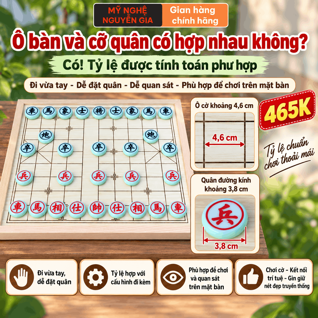 Bộ Cờ Tướng Bàn Sồi Công Nghiệp, Quân Melamine Xanh Ngọc 3,8 cm