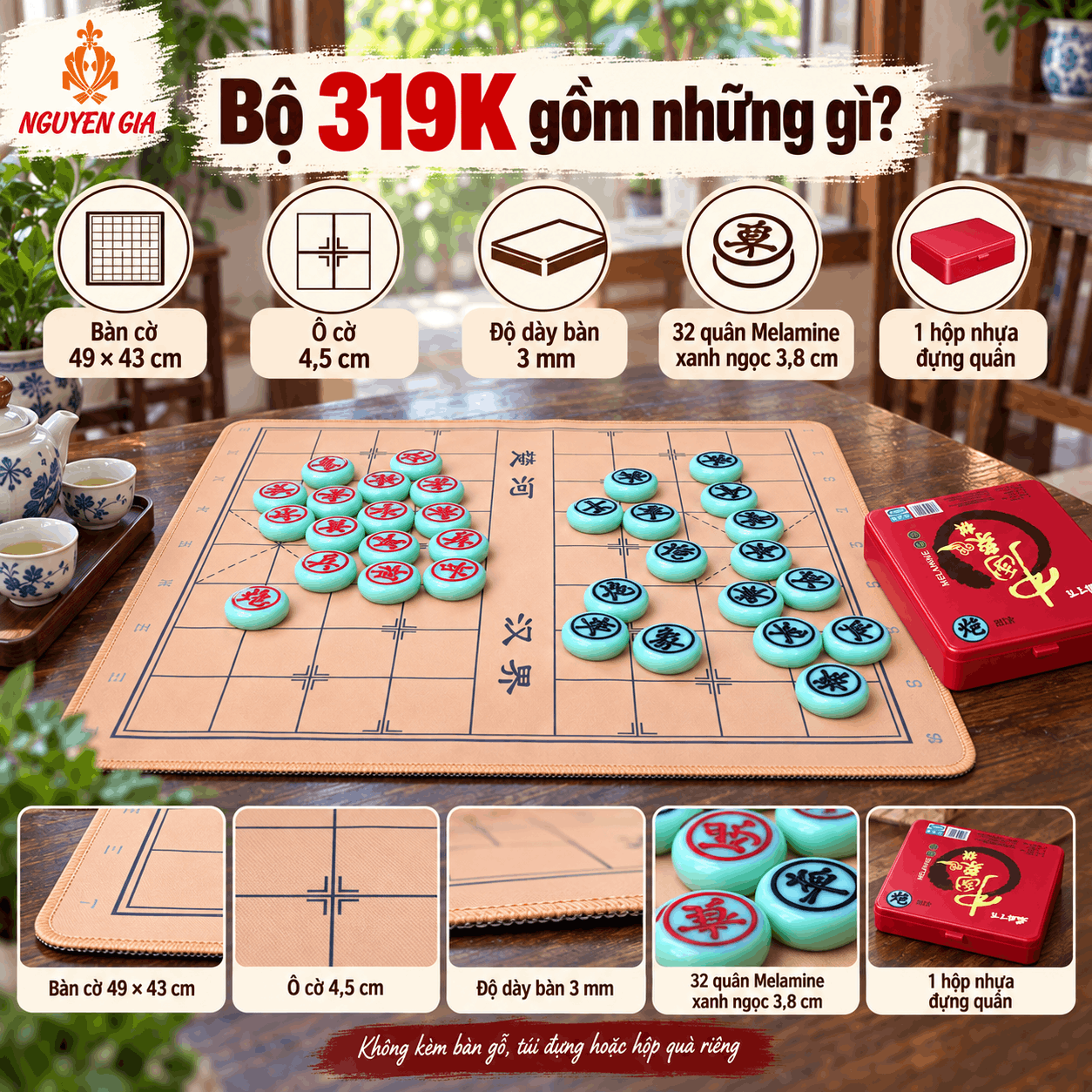 Bộ Cờ Tướng Bàn Vải Đế Cao Su 49×43cm – Quân Melamine Xanh Ngọc 3,8cm
