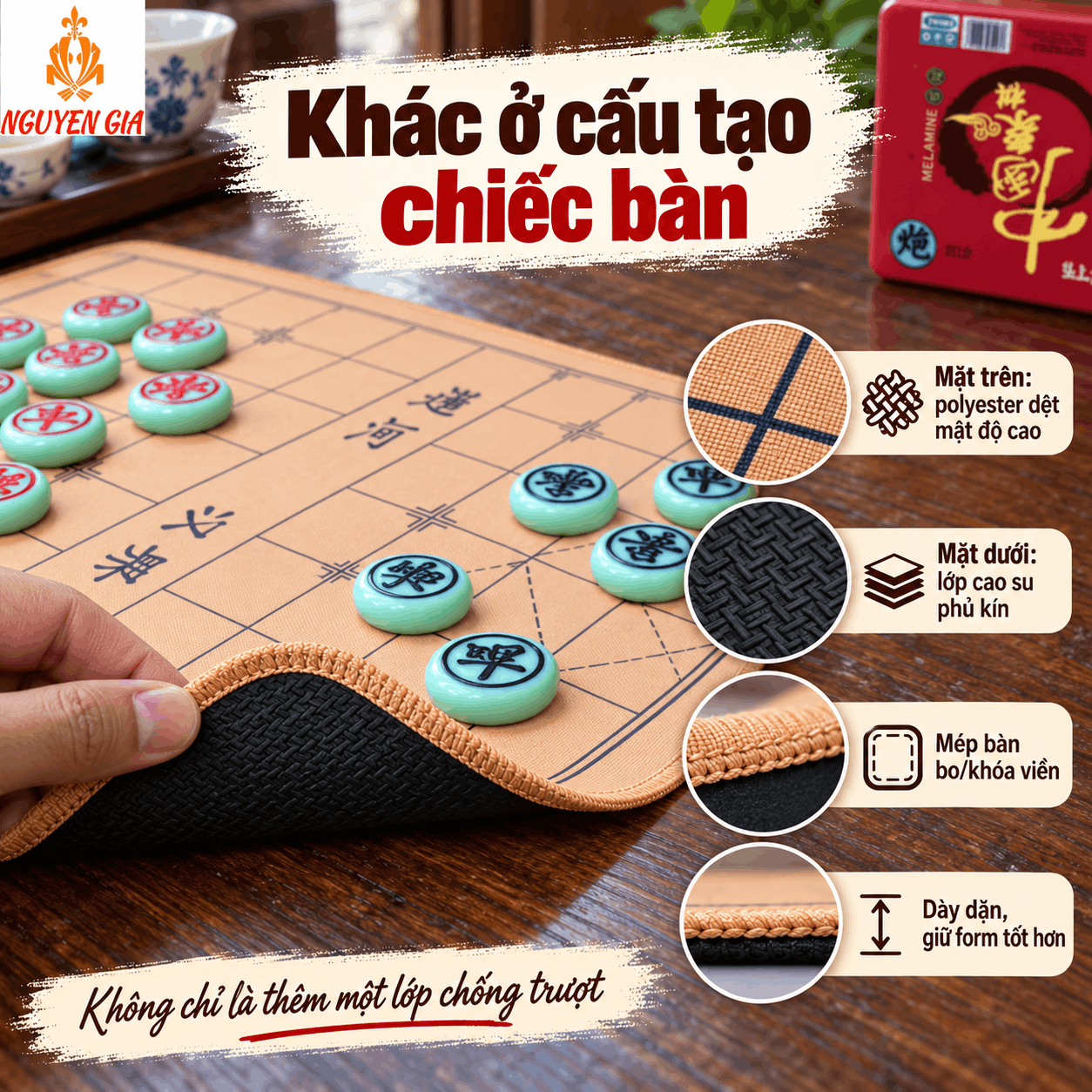Bộ Cờ Tướng Bàn Vải Đế Cao Su 49×43cm – Quân Melamine Xanh Ngọc 3,8cm
