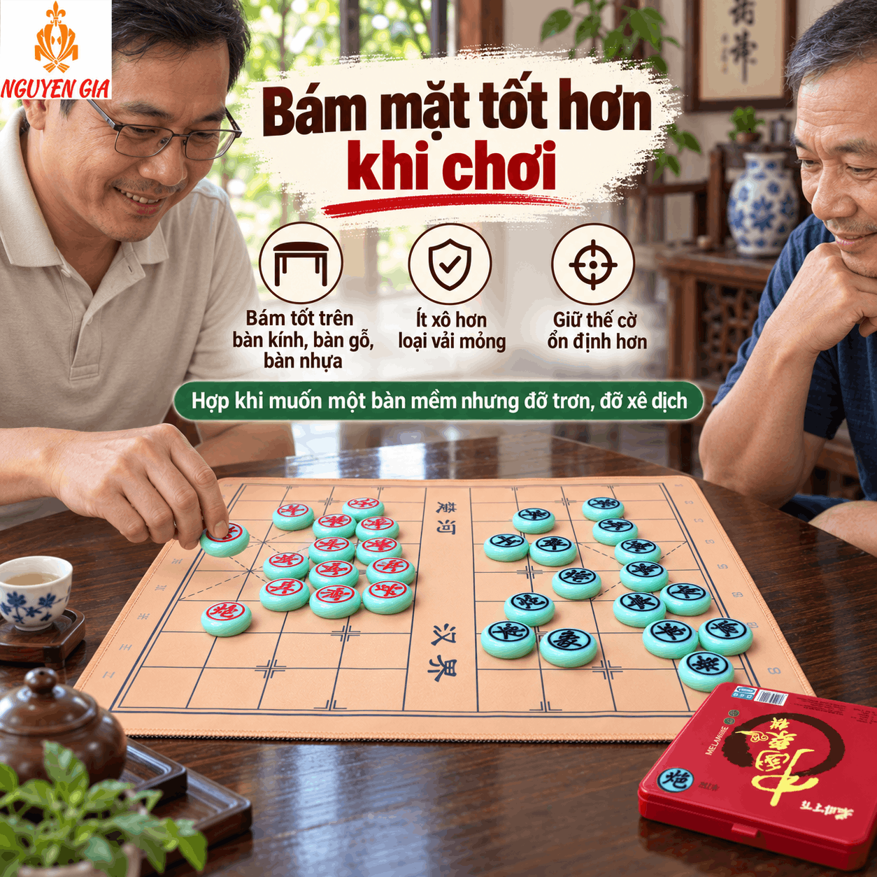 Bộ Cờ Tướng Bàn Vải Đế Cao Su 49×43cm – Quân Melamine Xanh Ngọc 3,8cm