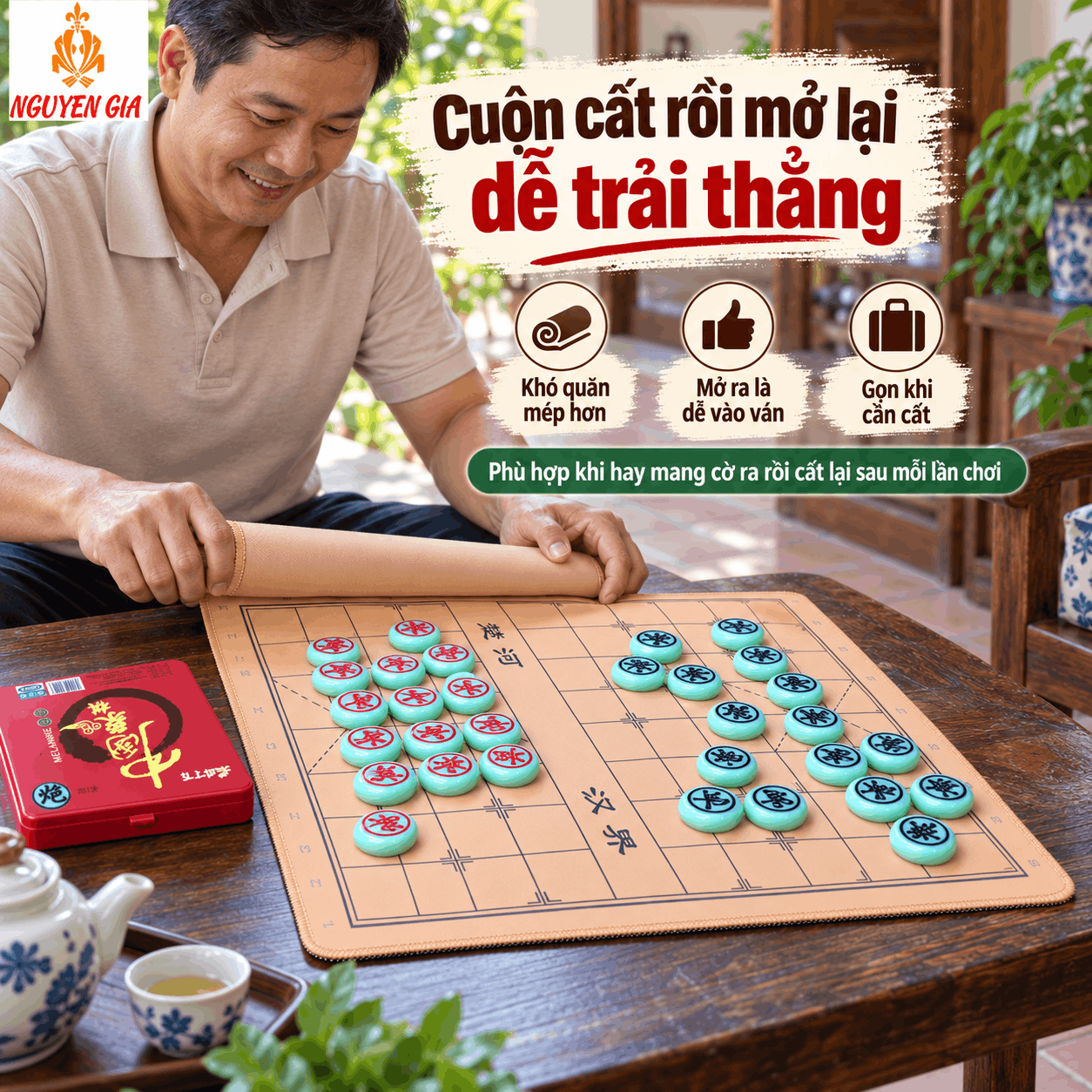 Bộ Cờ Tướng Bàn Vải Đế Cao Su 49×43cm – Quân Melamine Xanh Ngọc 3,8cm