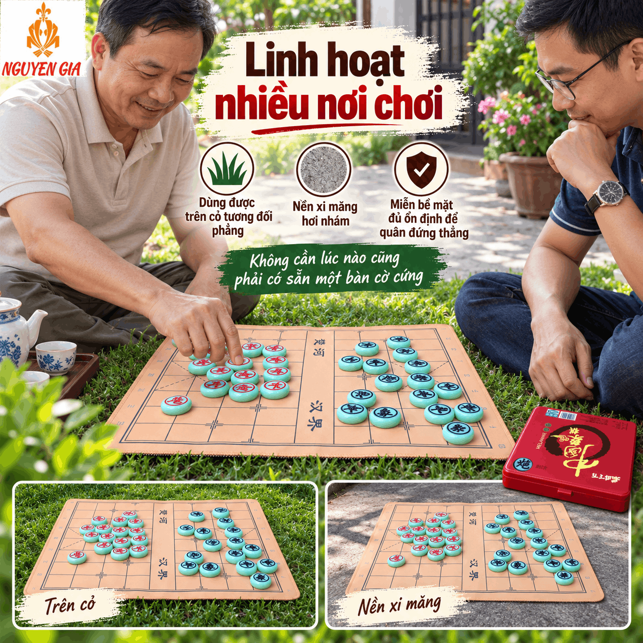 Bộ Cờ Tướng Bàn Vải Đế Cao Su 49×43cm – Quân Melamine Xanh Ngọc 3,8cm