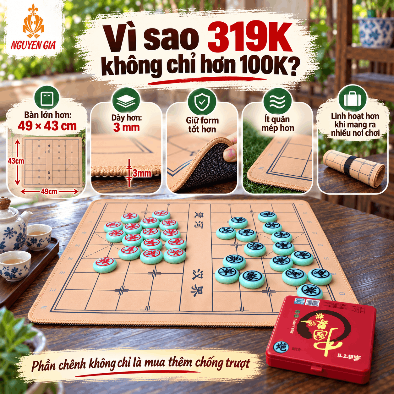 Bộ Cờ Tướng Bàn Vải Đế Cao Su 49×43cm – Quân Melamine Xanh Ngọc 3,8cm