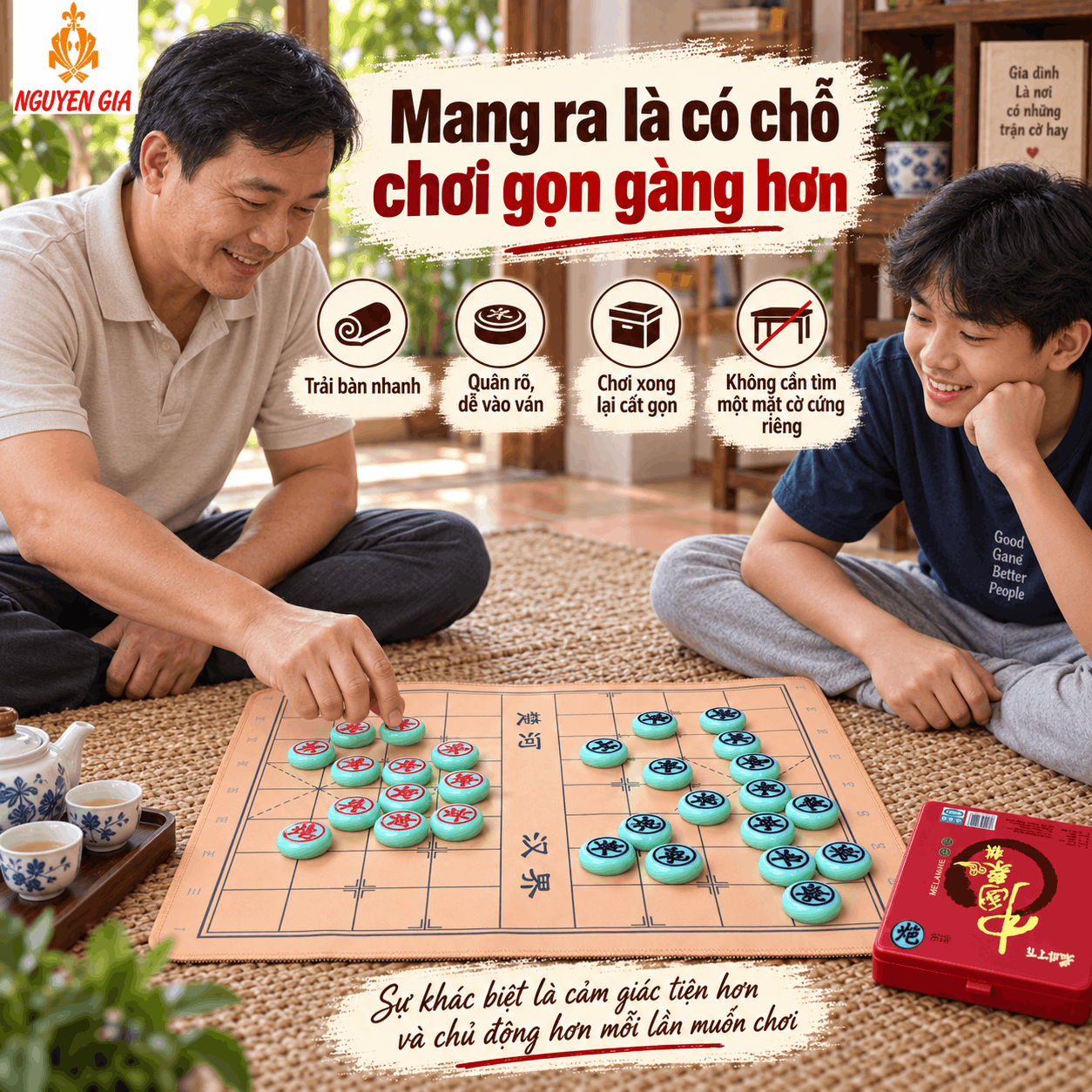 Bộ Cờ Tướng Bàn Vải Đế Cao Su 49×43cm – Quân Melamine Xanh Ngọc 3,8cm