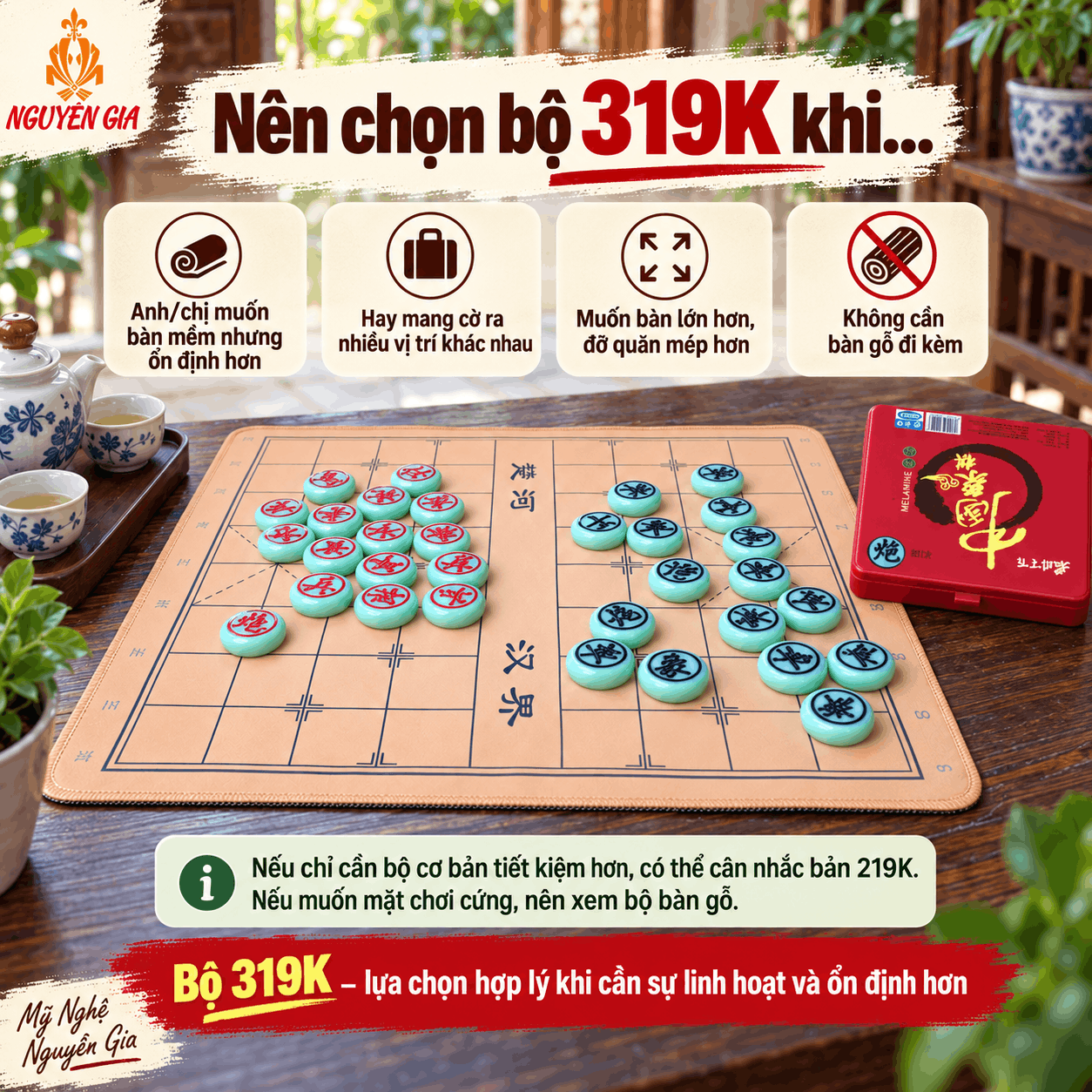Bộ Cờ Tướng Bàn Vải Đế Cao Su 49×43cm – Quân Melamine Xanh Ngọc 3,8cm