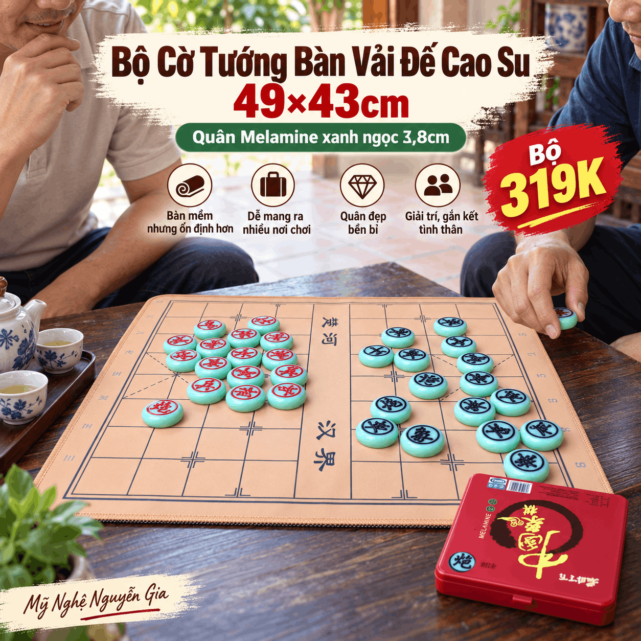 Bộ Cờ Tướng Bàn Vải Đế Cao Su 49×43cm – Quân Melamine Xanh Ngọc 3,8cm