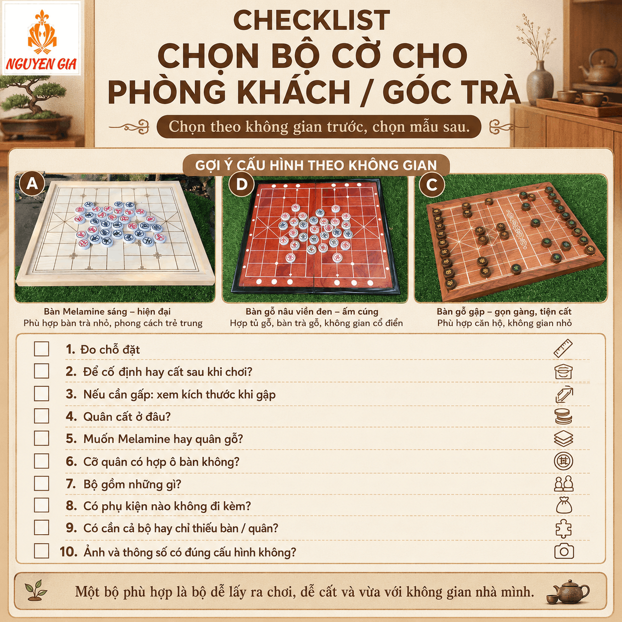 Bộ cờ tướng để ph&ograve;ng kh&aacute;ch, g&oacute;c tr&agrave; n&ecirc;n chọn thế n&agrave;o?