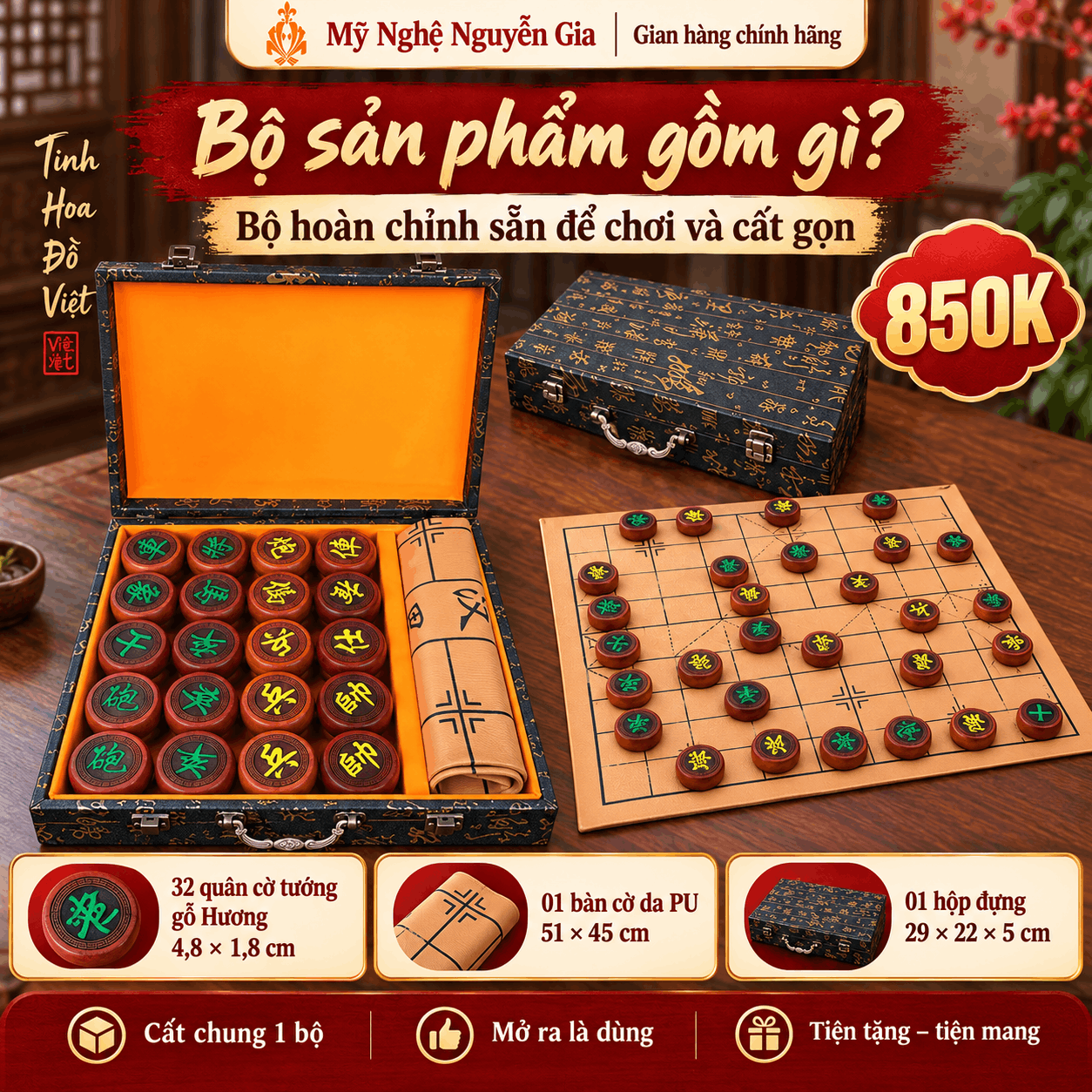 Bộ Cờ Tướng Gỗ Hương 4,8 cm Kèm Hộp Và Bàn Da PU