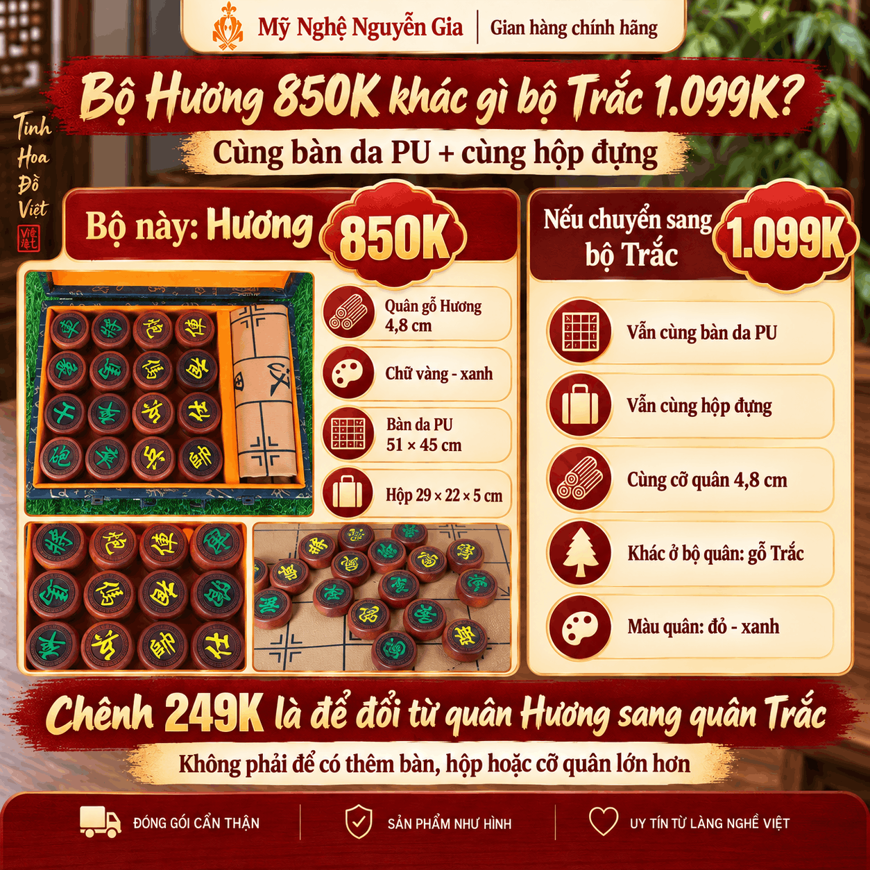 Bộ Cờ Tướng Gỗ Hương 4,8 cm Kèm Hộp Và Bàn Da PU