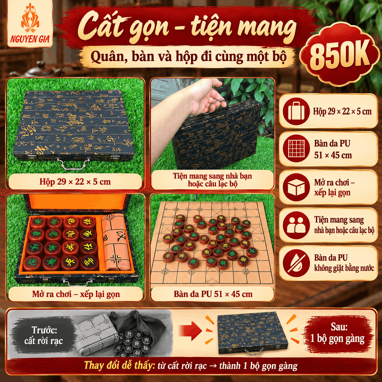 Bộ Cờ Tướng Gỗ Hương 4,8 cm Kèm Hộp Và Bàn Da PU