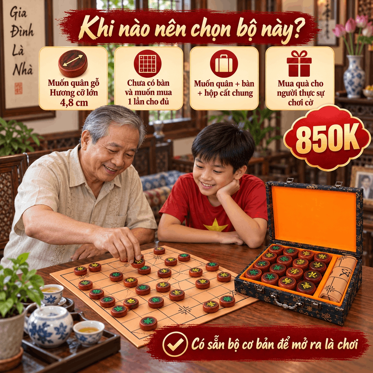 Bộ Cờ Tướng Gỗ Hương 4,8 cm Kèm Hộp Và Bàn Da PU