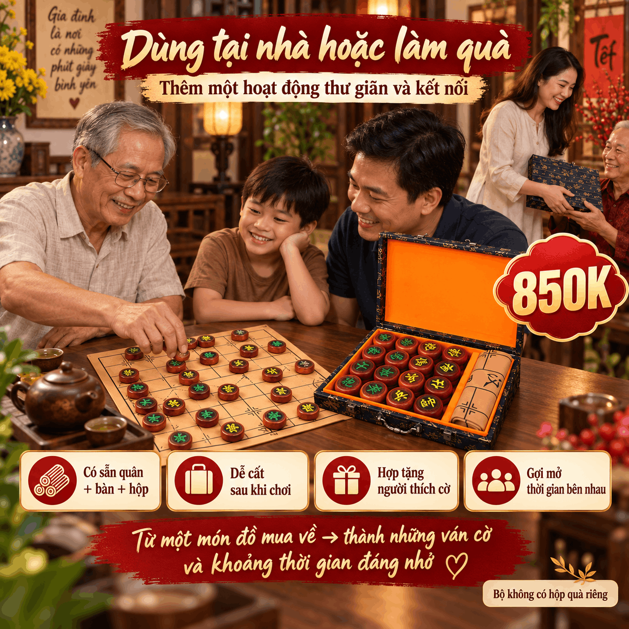 Bộ Cờ Tướng Gỗ Hương 4,8 cm Kèm Hộp Và Bàn Da PU
