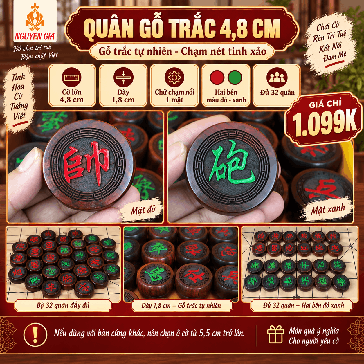 Bộ Cờ Tướng Gỗ Trắc 4,8 cm Kèm Hộp Và Bàn Da PU