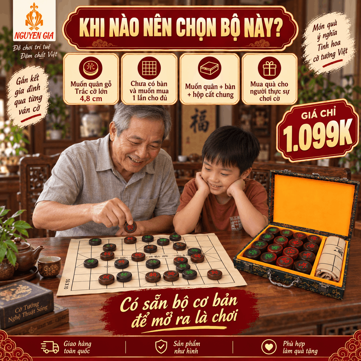 Bộ Cờ Tướng Gỗ Trắc 4,8 cm Kèm Hộp Và Bàn Da PU