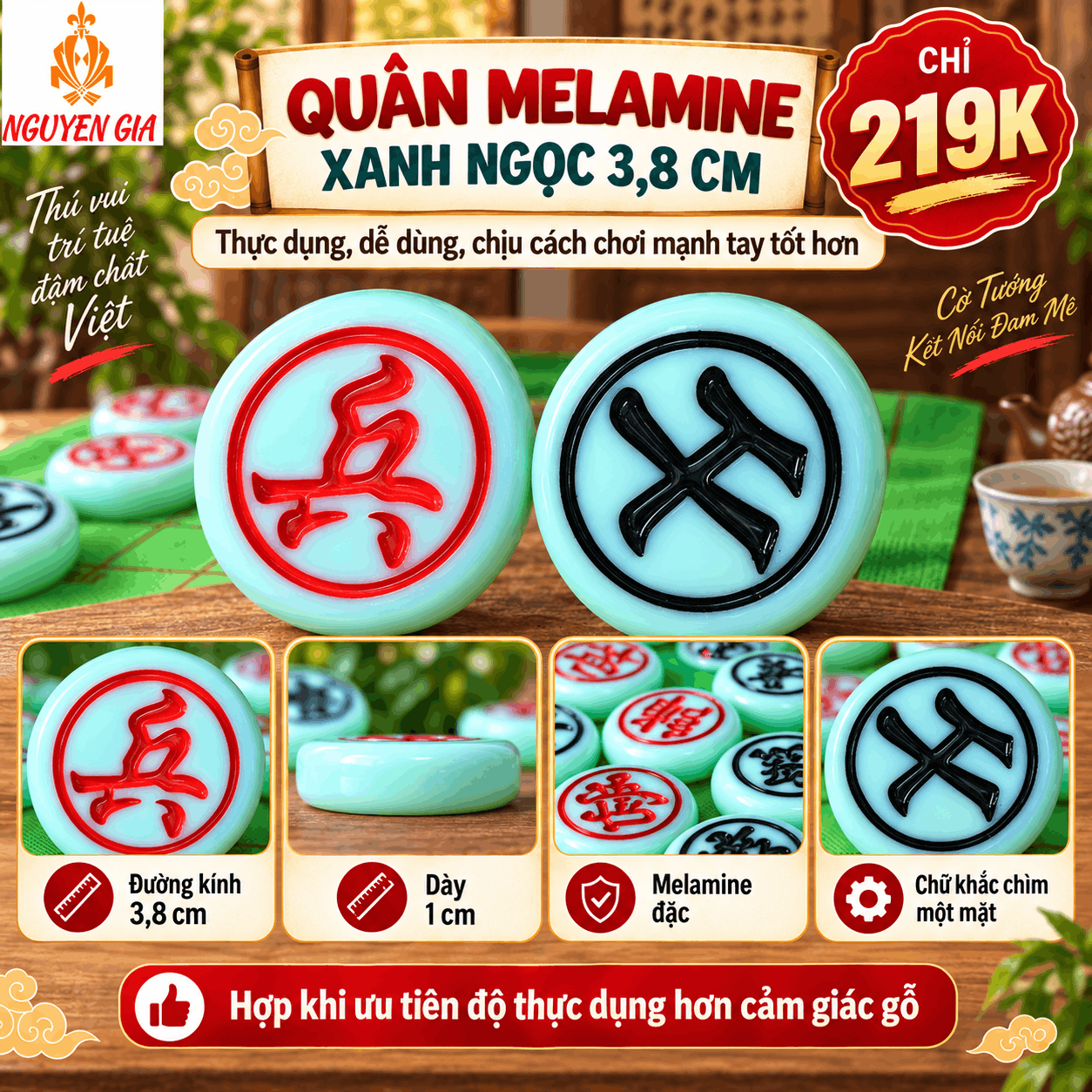 Bộ Cờ Tướng Melamine Xanh Ngọc 3,8cm – Bàn Vải 39×37cm