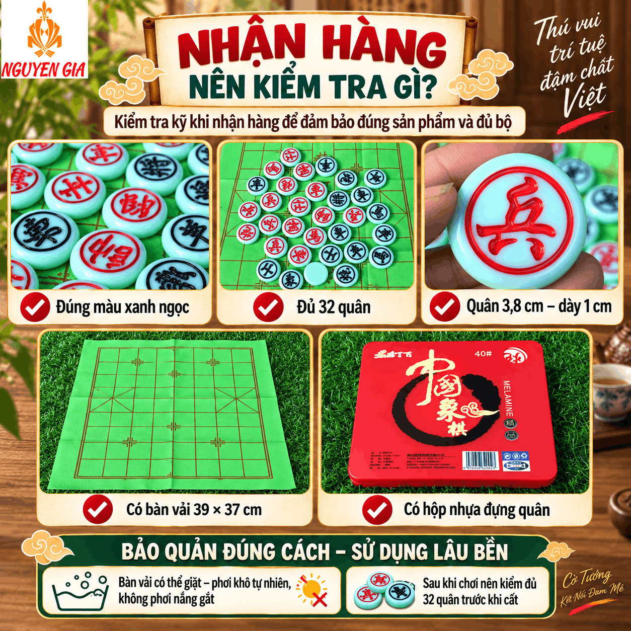 Bộ Cờ Tướng Melamine Xanh Ngọc 3,8cm – Bàn Vải 39×37cm