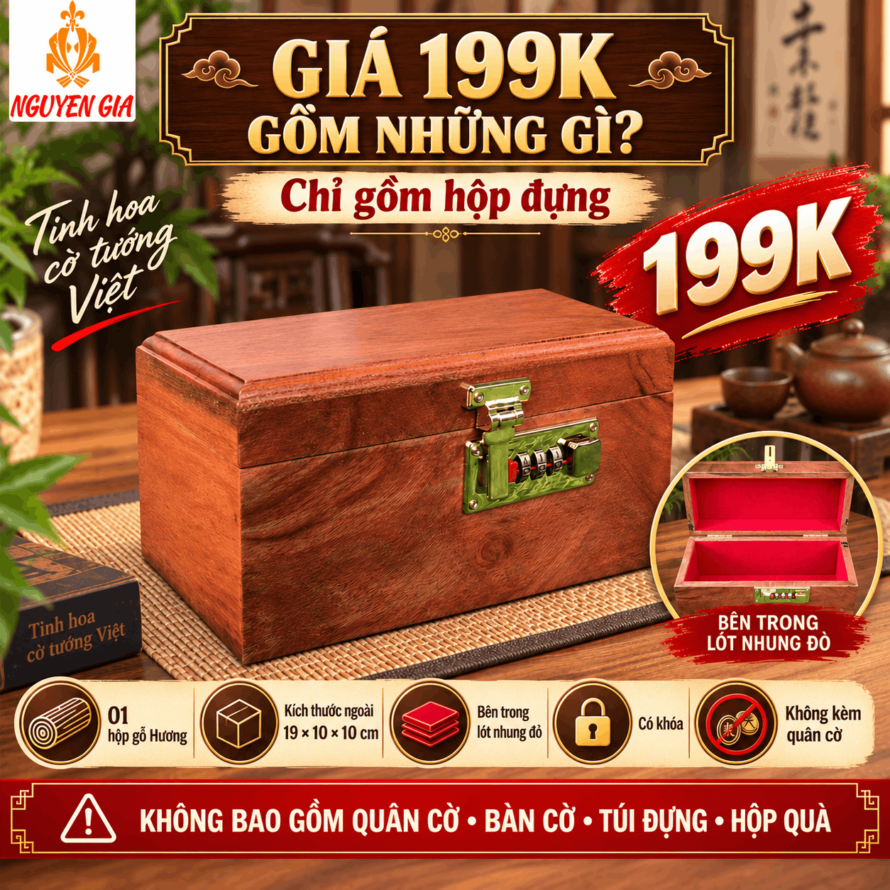 Hộp Đựng Quân Cờ Tướng Gỗ Hương Lót Nhung Đỏ Có Khóa