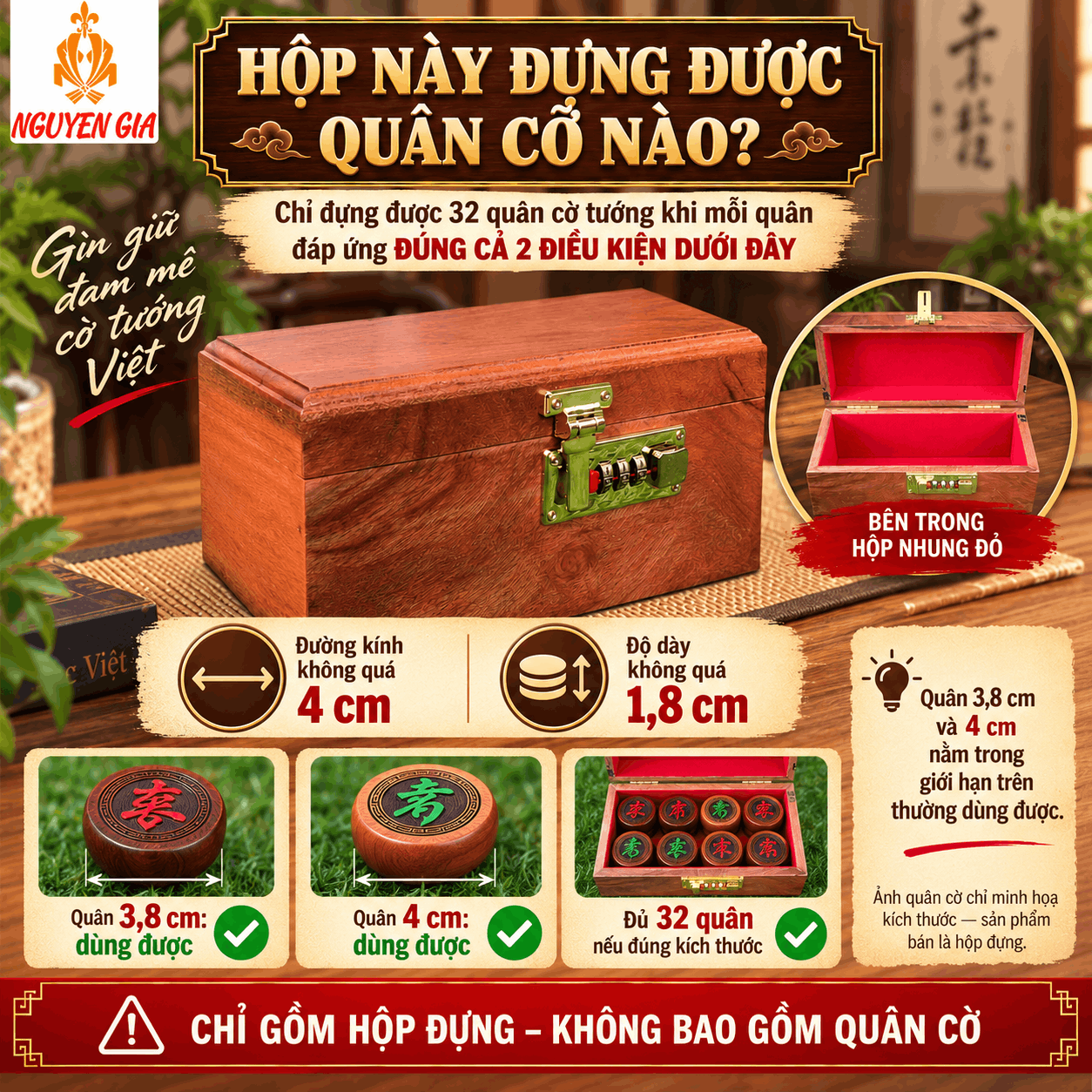 Hộp Đựng Quân Cờ Tướng Gỗ Hương Lót Nhung Đỏ Có Khóa