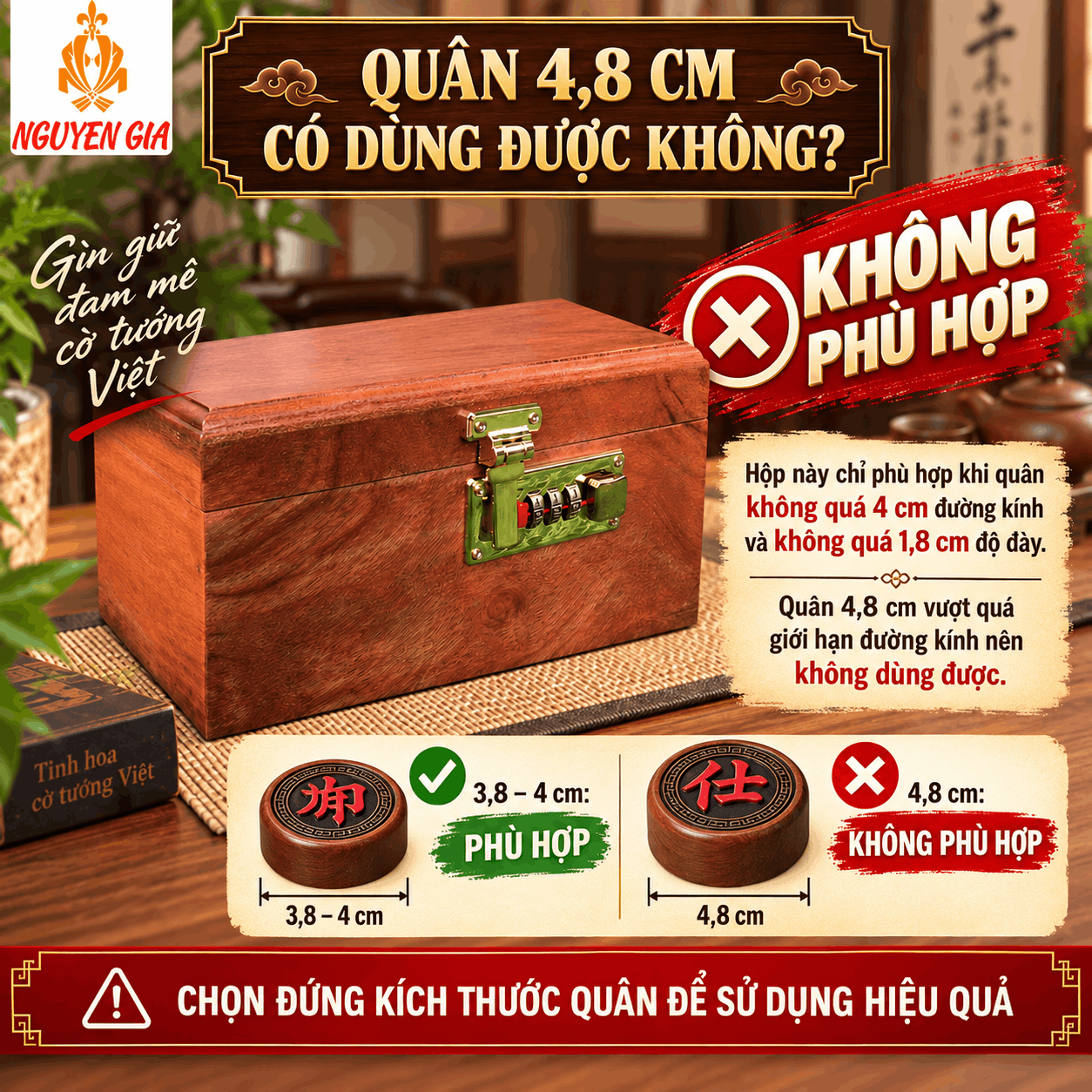 Hộp Đựng Quân Cờ Tướng Gỗ Hương Lót Nhung Đỏ Có Khóa