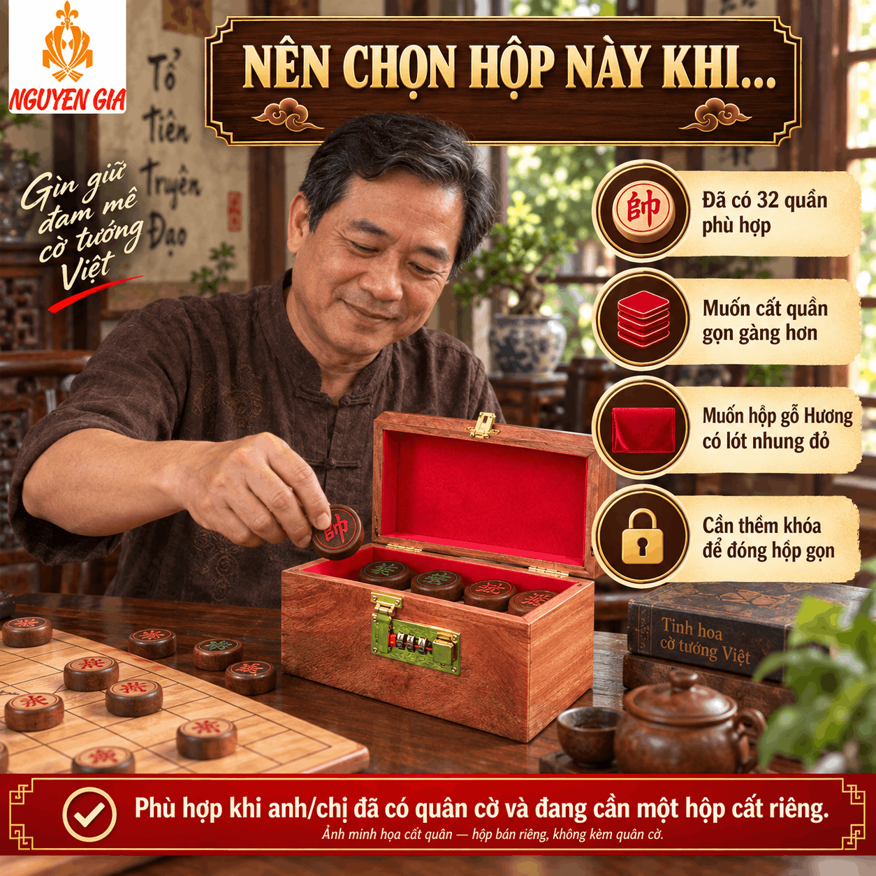 Hộp Đựng Quân Cờ Tướng Gỗ Hương Lót Nhung Đỏ Có Khóa