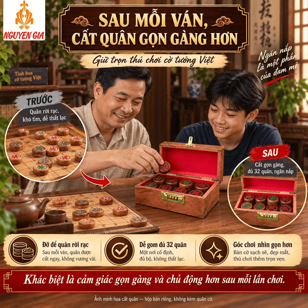 Hộp Đựng Quân Cờ Tướng Gỗ Hương Lót Nhung Đỏ Có Khóa