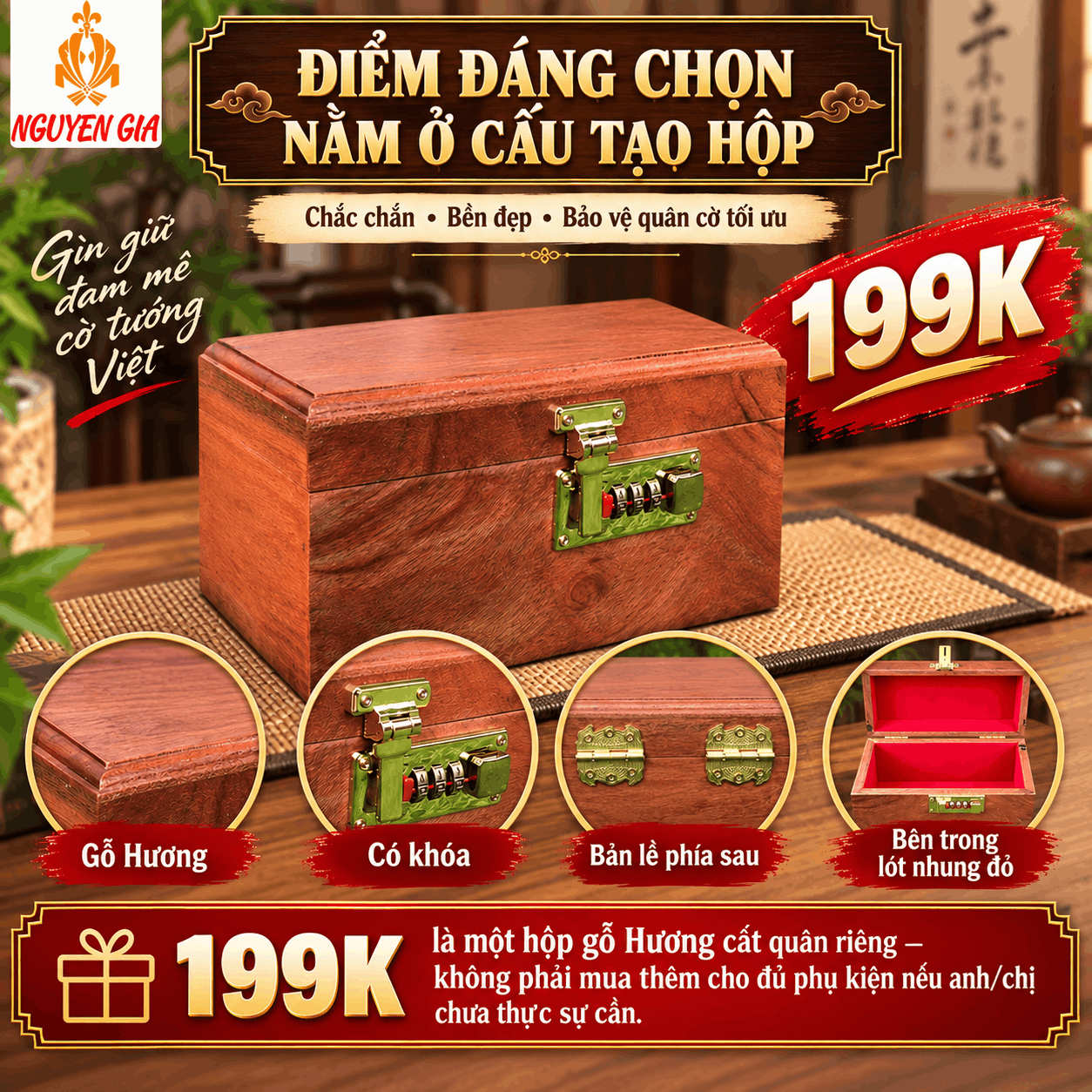 Hộp Đựng Quân Cờ Tướng Gỗ Hương Lót Nhung Đỏ Có Khóa