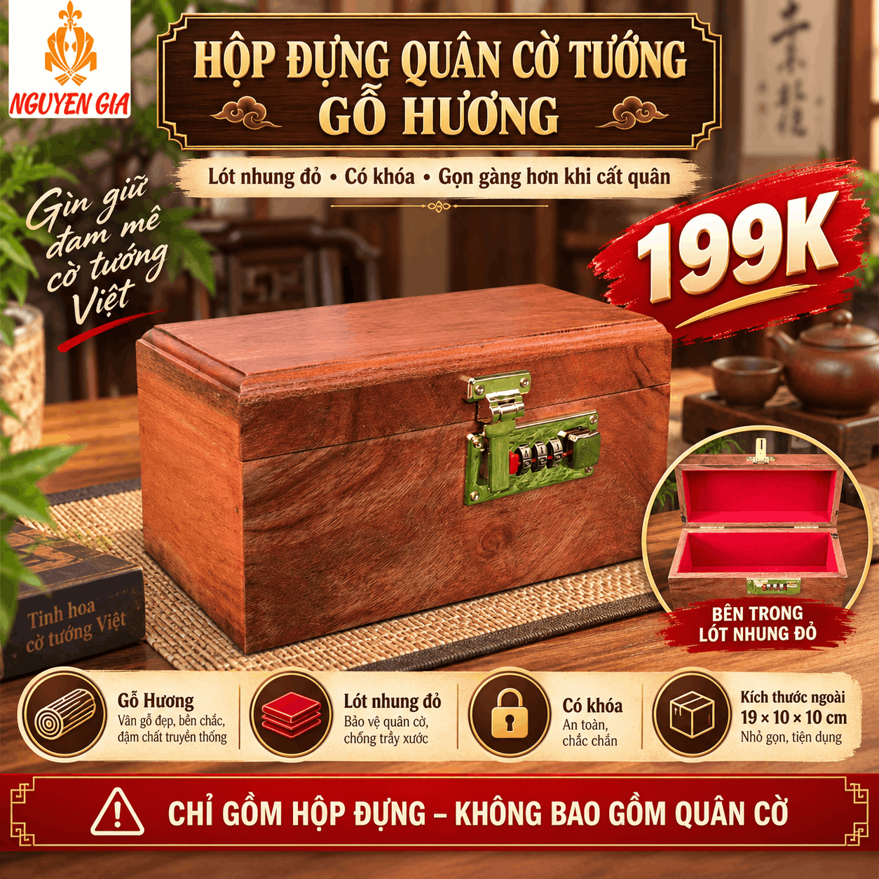 Hộp Đựng Quân Cờ Tướng Gỗ Hương Lót Nhung Đỏ Có Khóa