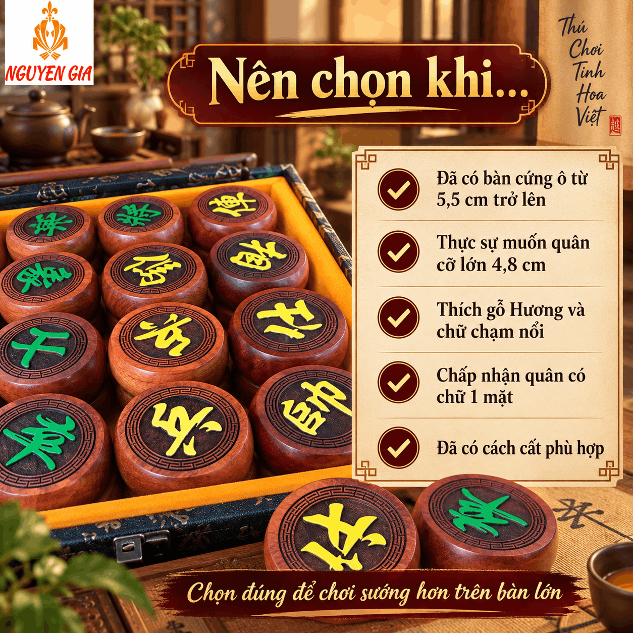 Quân Cờ Tướng Gỗ Hương 4,8cm – Bộ 32 Quân Cỡ Lớn