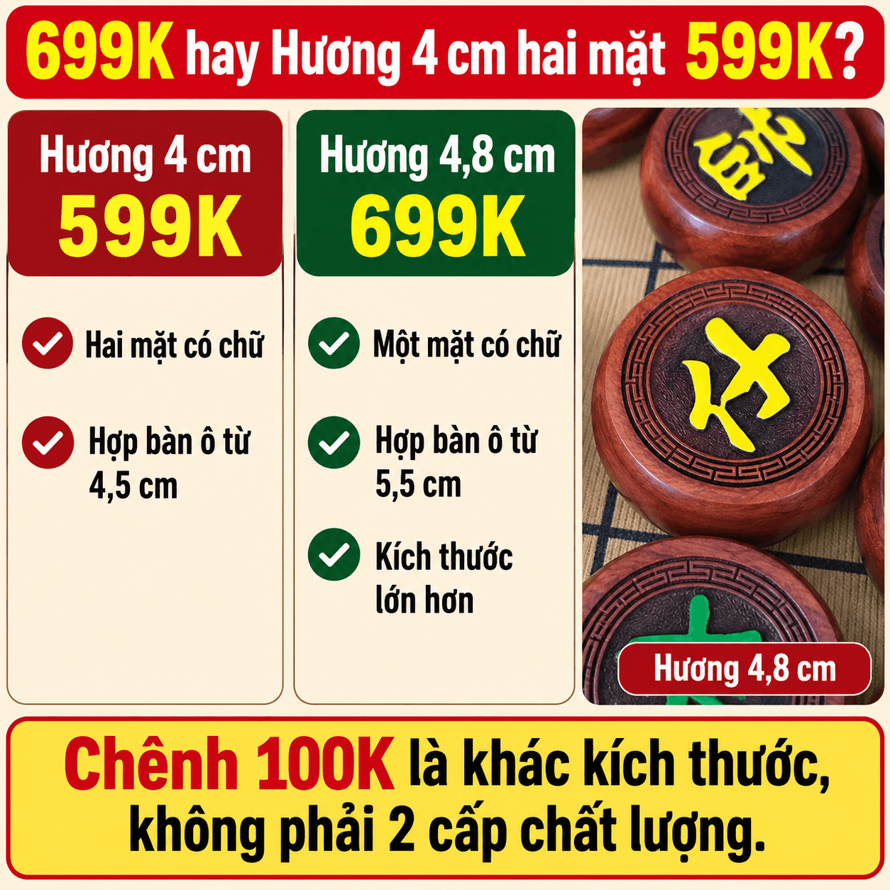 Quân Cờ Tướng Gỗ Hương 4,8cm – Bộ 32 Quân Cỡ Lớn