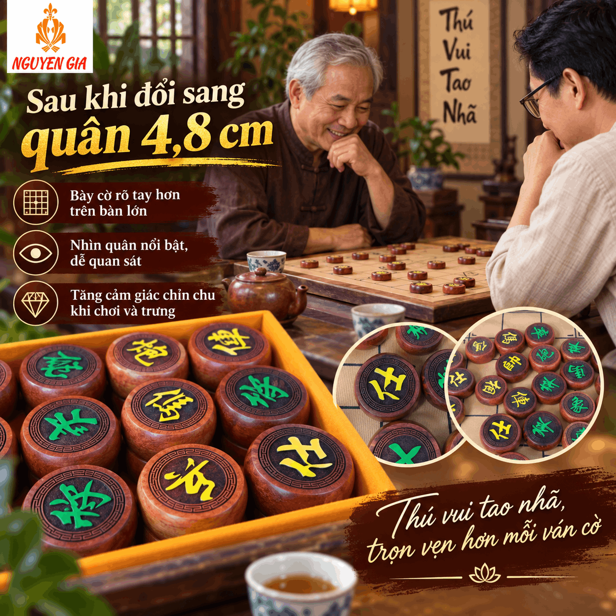 Quân Cờ Tướng Gỗ Hương 4,8cm – Bộ 32 Quân Cỡ Lớn