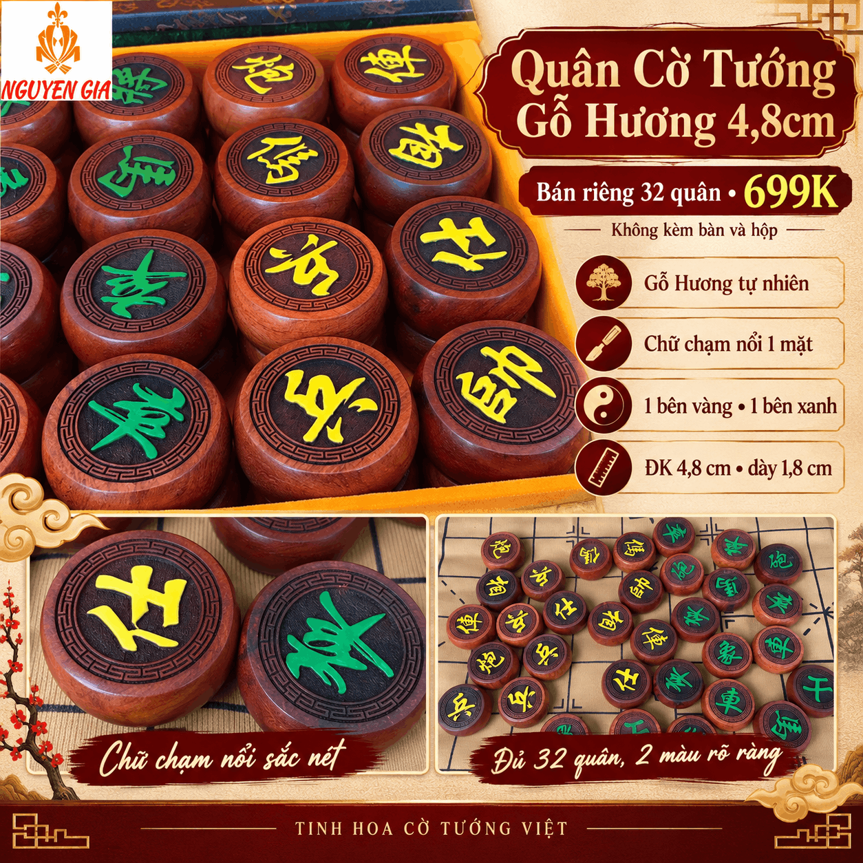 Quân Cờ Tướng Gỗ Hương 4,8cm – Bộ 32 Quân Cỡ Lớn