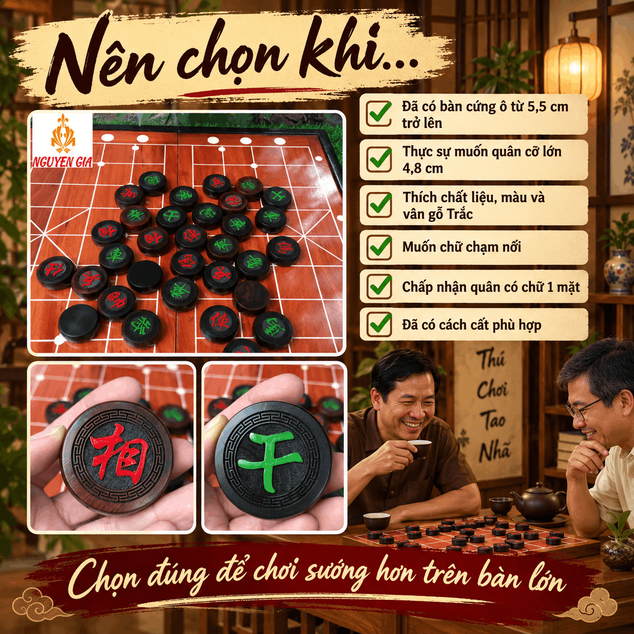 Quân Cờ Tướng Gỗ Trắc 4,8cm – Bộ 32 Quân Cỡ Lớn