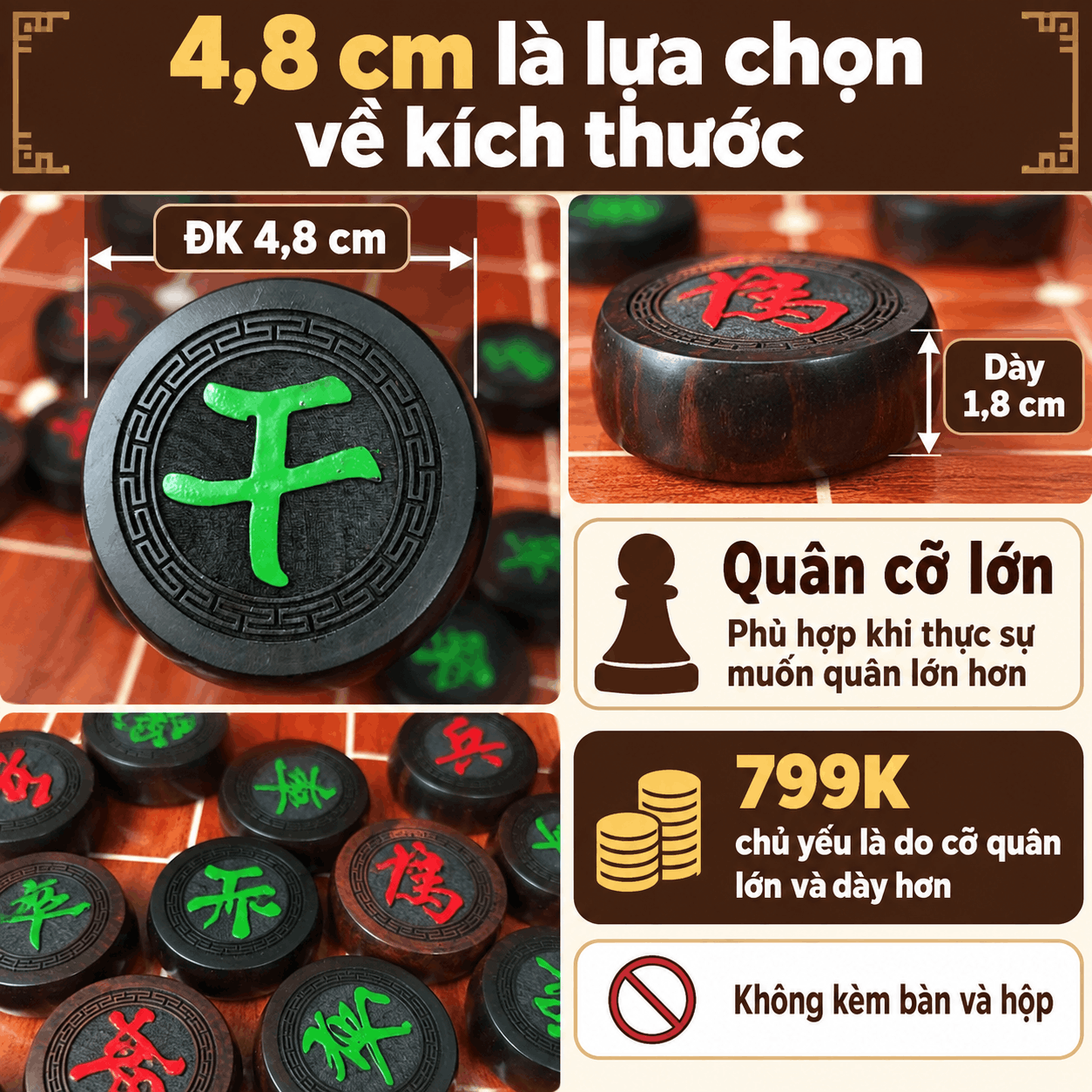 Quân Cờ Tướng Gỗ Trắc 4,8cm – Bộ 32 Quân Cỡ Lớn