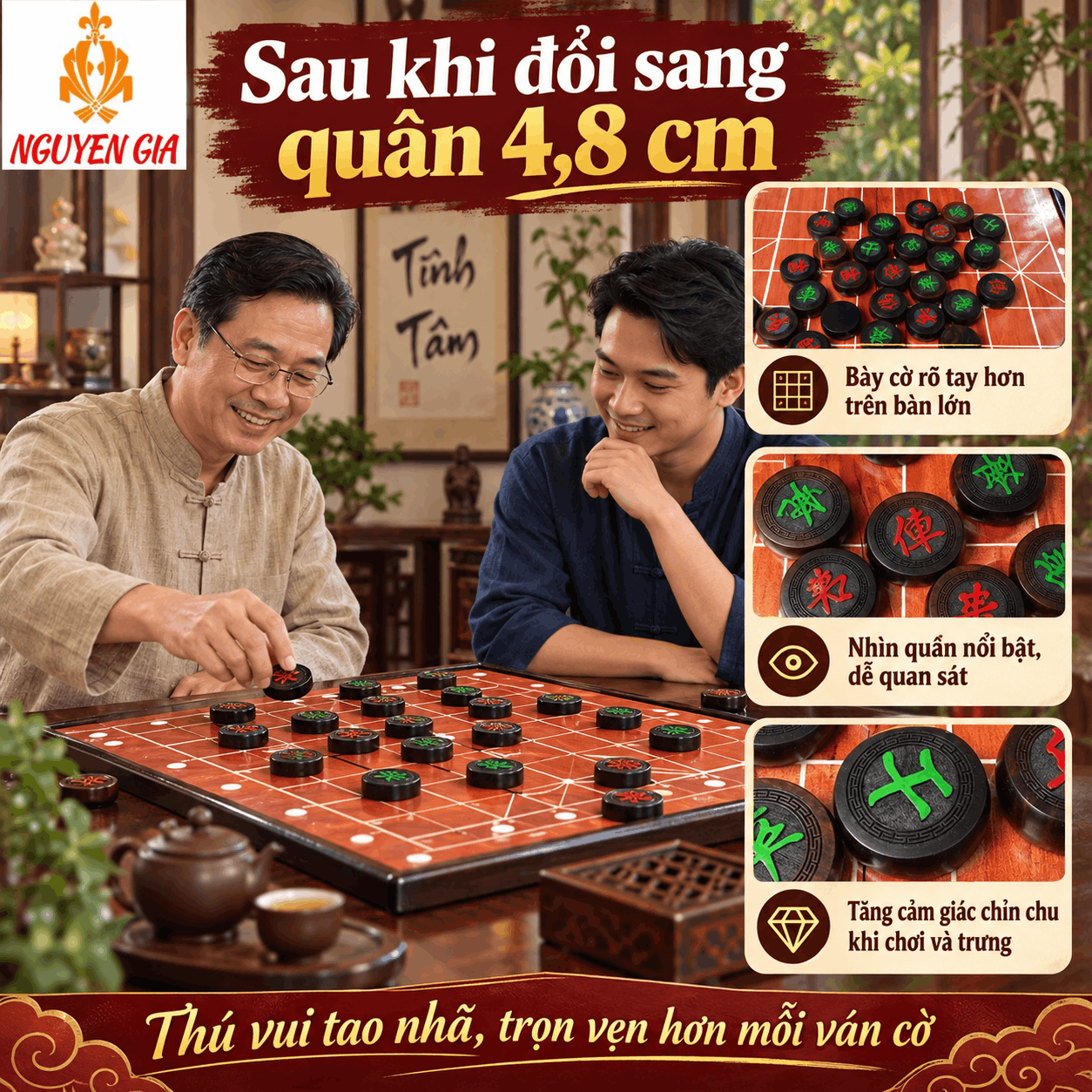 Quân Cờ Tướng Gỗ Trắc 4,8cm – Bộ 32 Quân Cỡ Lớn