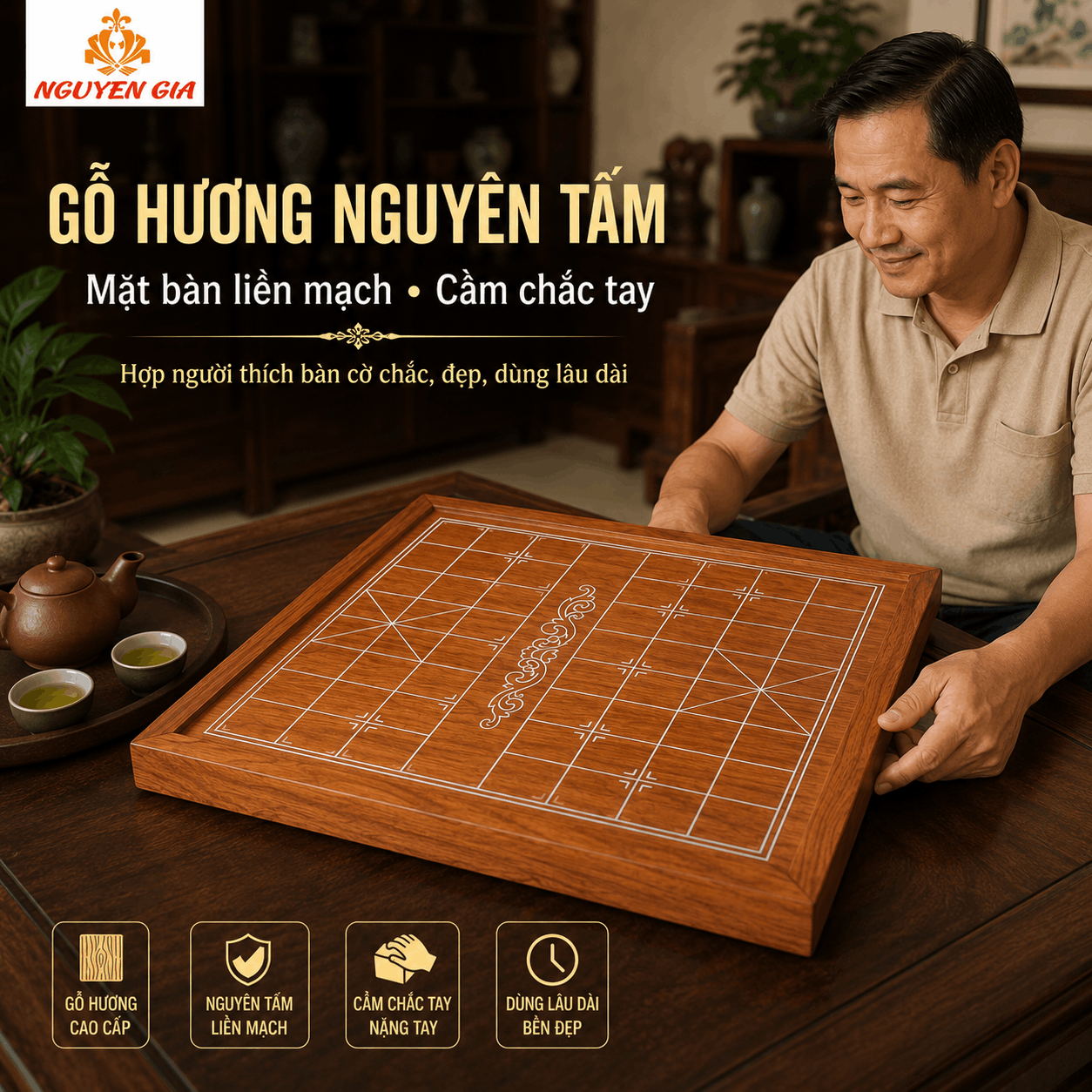 Bàn Cờ Tướng Gỗ Hương Nguyên Tấm 50×45cm – Bán Riêng Bàn