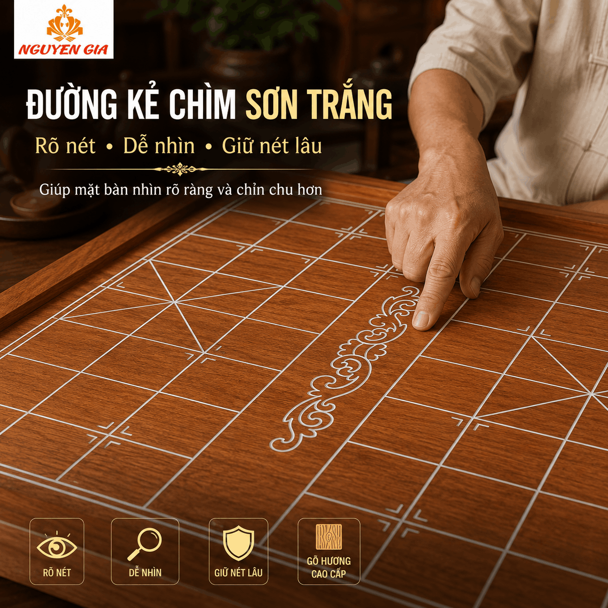 Bàn Cờ Tướng Gỗ Hương Nguyên Tấm 50×45cm – Bán Riêng Bàn