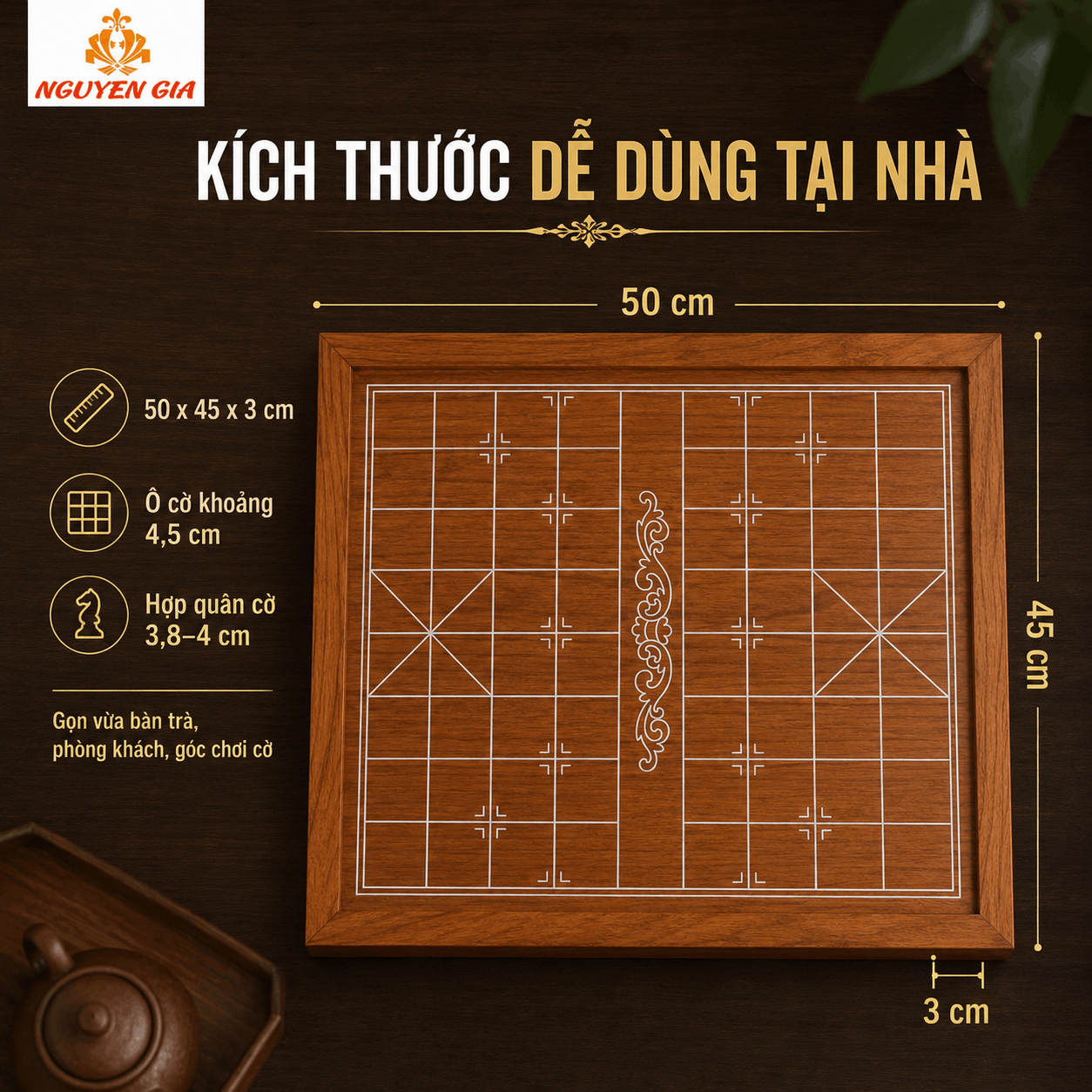 Bàn Cờ Tướng Gỗ Hương Nguyên Tấm 50×45cm – Bán Riêng Bàn