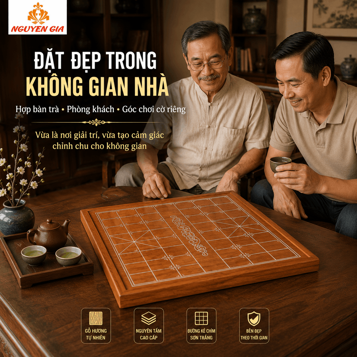 Bàn Cờ Tướng Gỗ Hương Nguyên Tấm 50×45cm – Bán Riêng Bàn