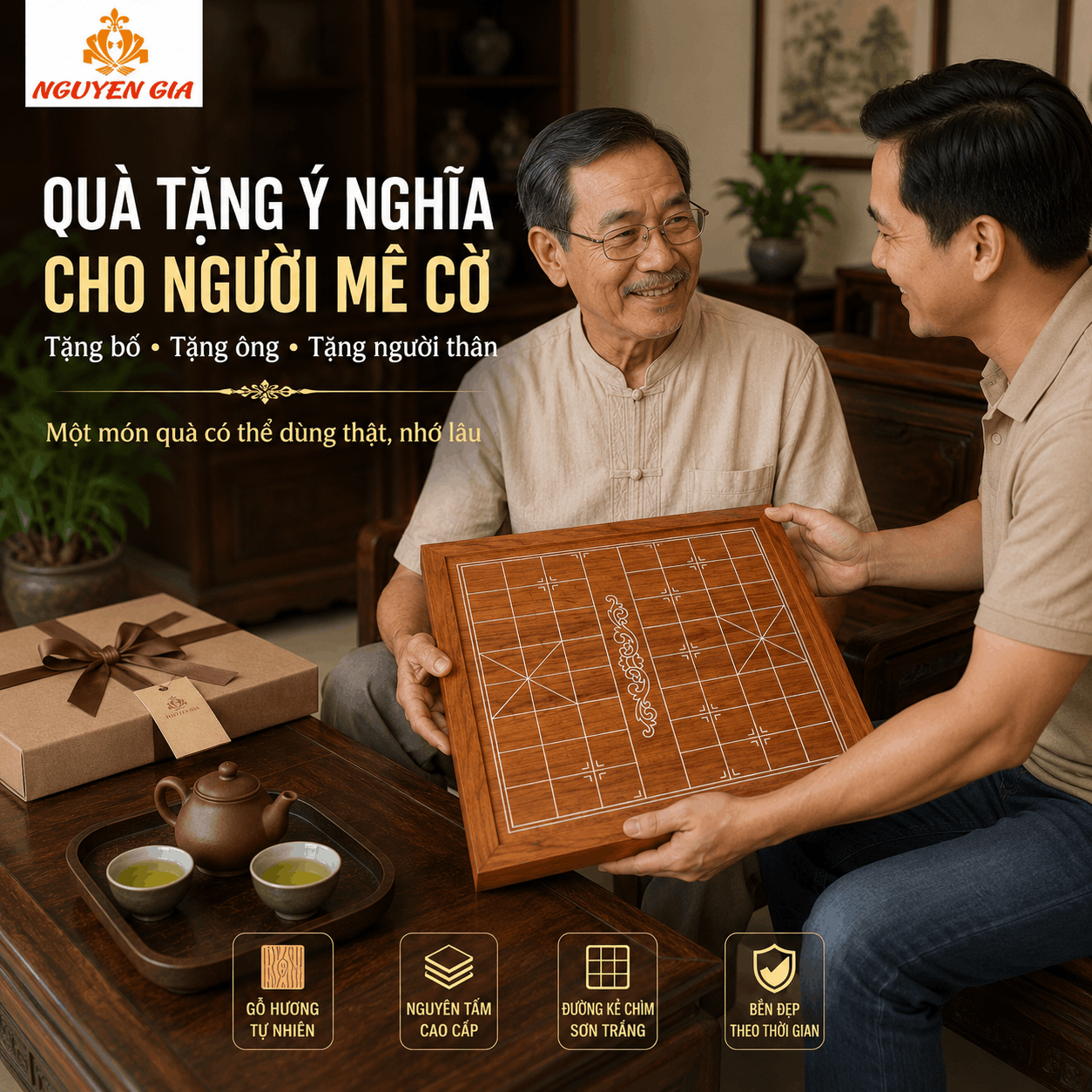 Bàn Cờ Tướng Gỗ Hương Nguyên Tấm 50×45cm – Bán Riêng Bàn