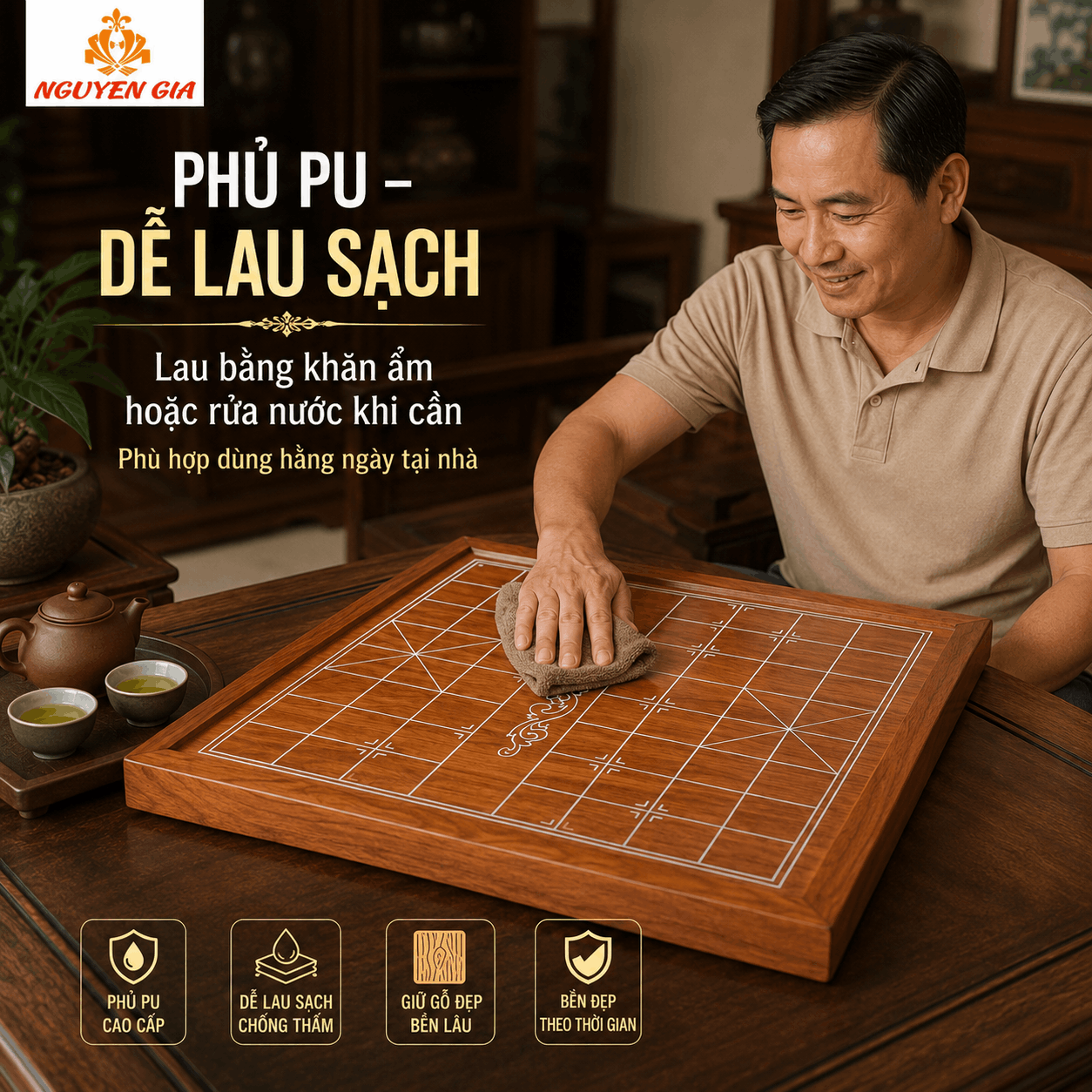 Bàn Cờ Tướng Gỗ Hương Nguyên Tấm 50×45cm – Bán Riêng Bàn