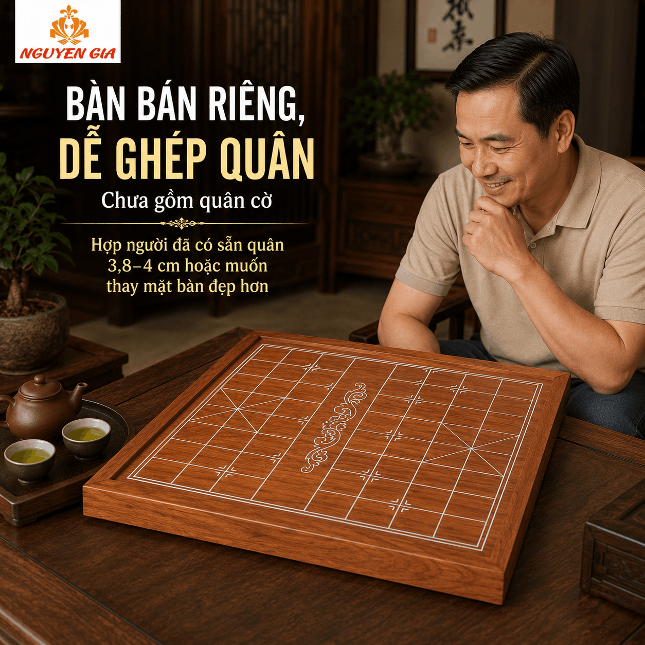 Bàn Cờ Tướng Gỗ Hương Nguyên Tấm 50×45cm – Bán Riêng Bàn