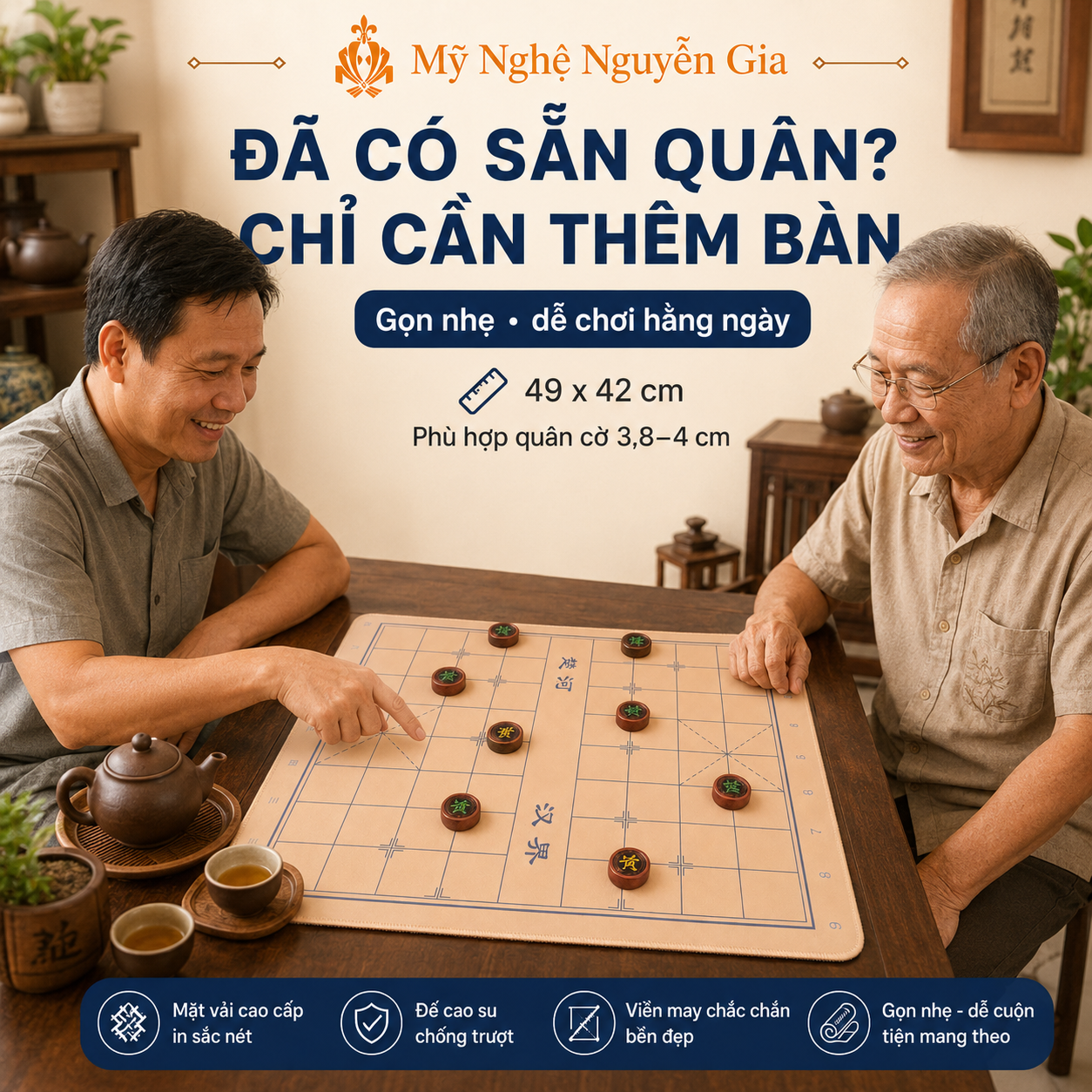 Bàn Cờ Tướng Vải Đế Cao Su Chống Trượt 49x42cm