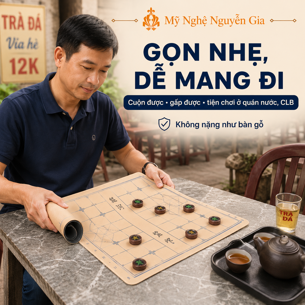 Bàn Cờ Tướng Vải Đế Cao Su Chống Trượt 49x42cm