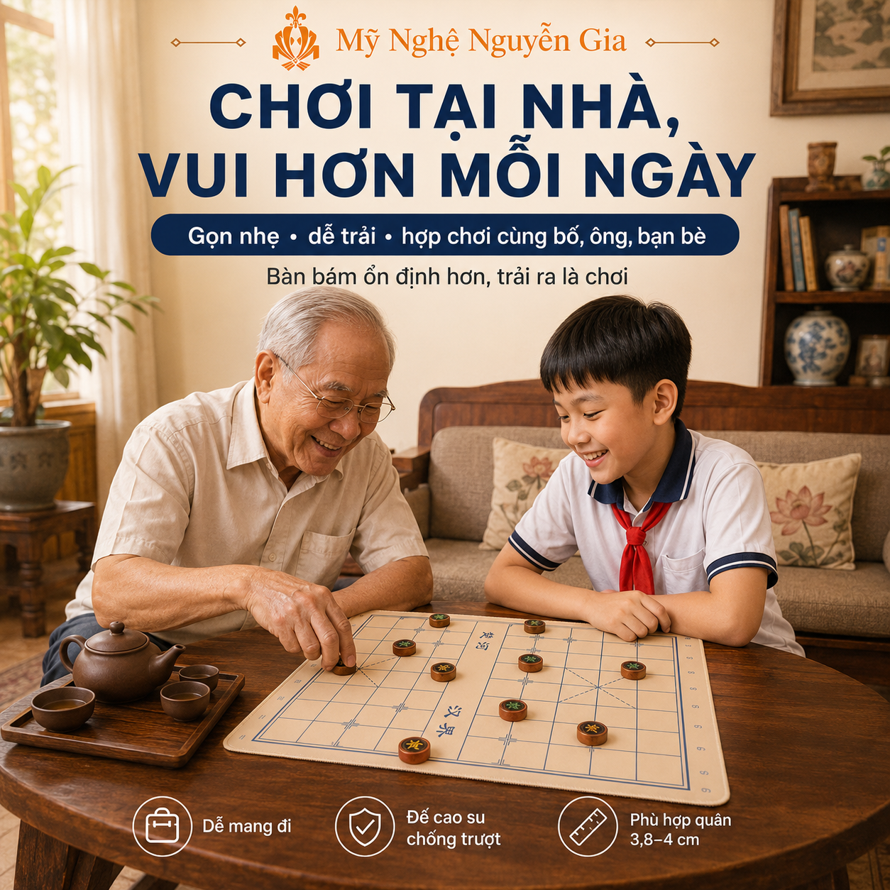 Bàn Cờ Tướng Vải Đế Cao Su Chống Trượt 49x42cm