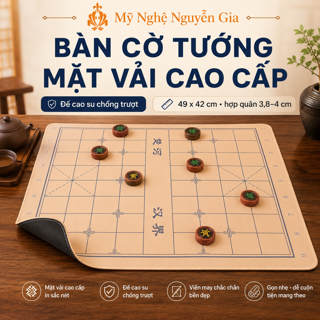 Bàn Cờ Tướng Vải Đế Cao Su Chống Trượt 49x42cm