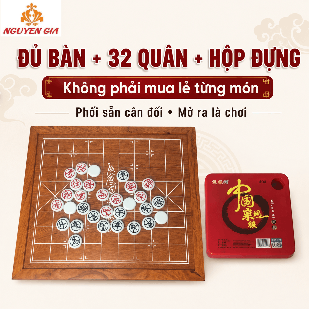 Bộ Cờ Tướng Bàn Gỗ Hương Nguyên Tấm – Quân Melamine Trắng Ngọc