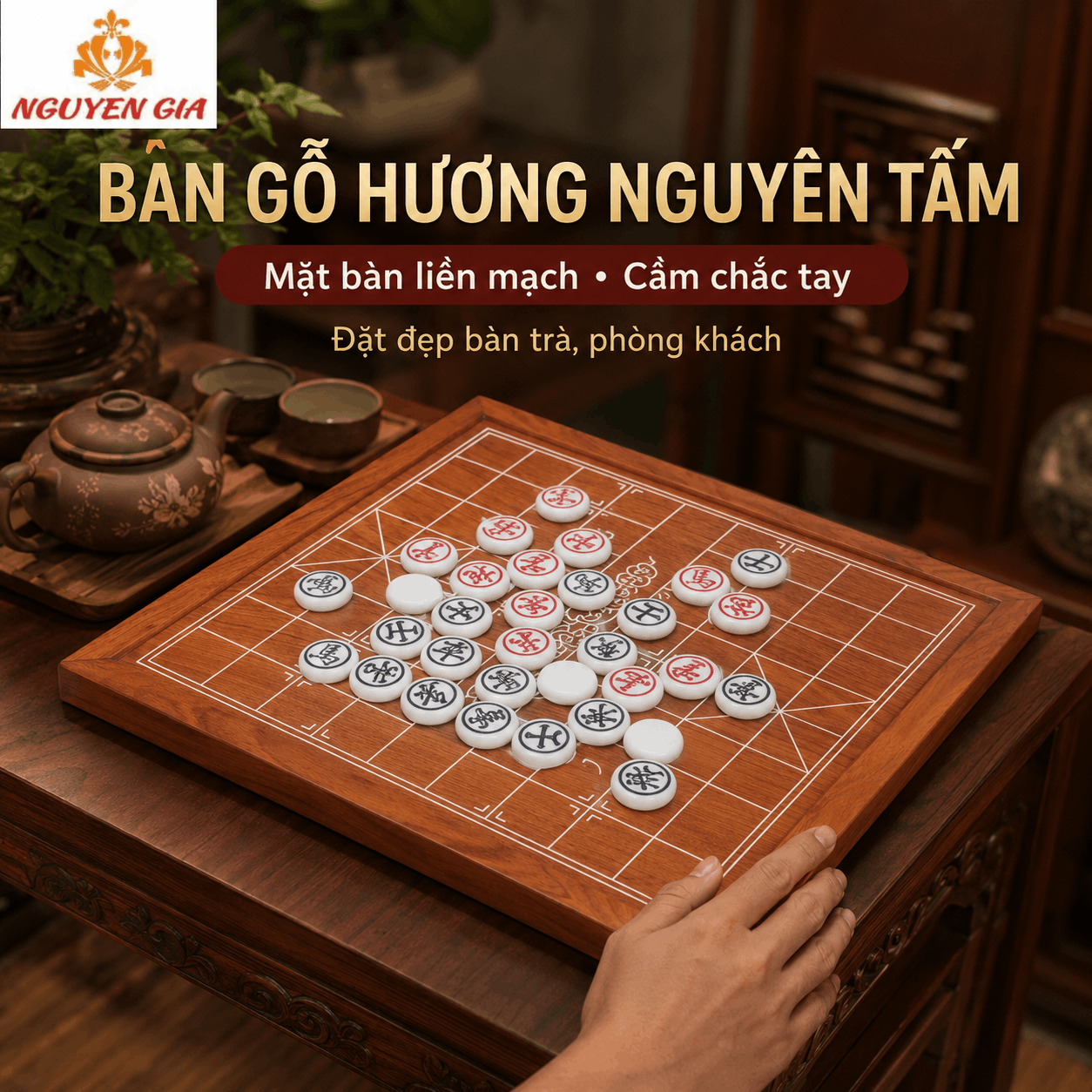 Bộ Cờ Tướng Bàn Gỗ Hương Nguyên Tấm – Quân Melamine Trắng Ngọc